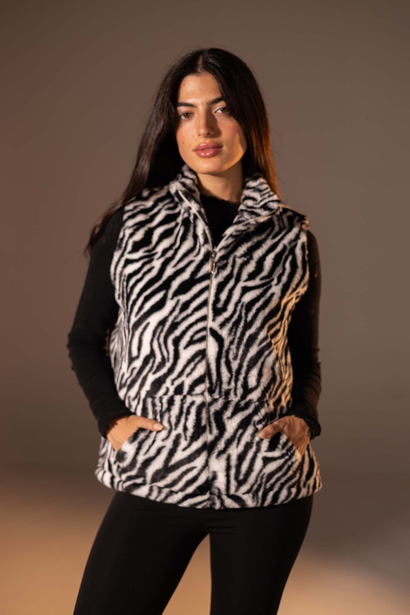 Black Zebra Faux Fur Vest