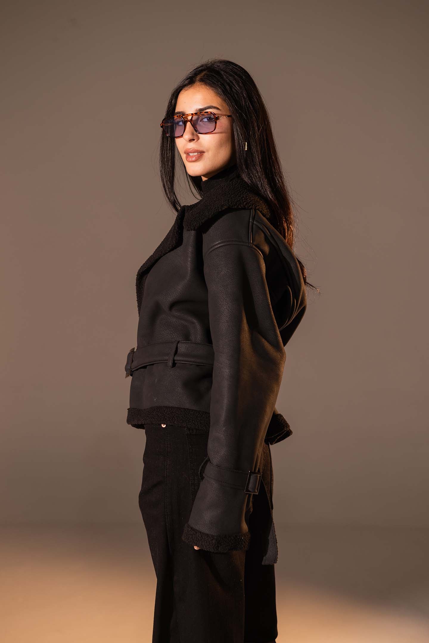 Black Faux Leather Jacket with Belted Waist