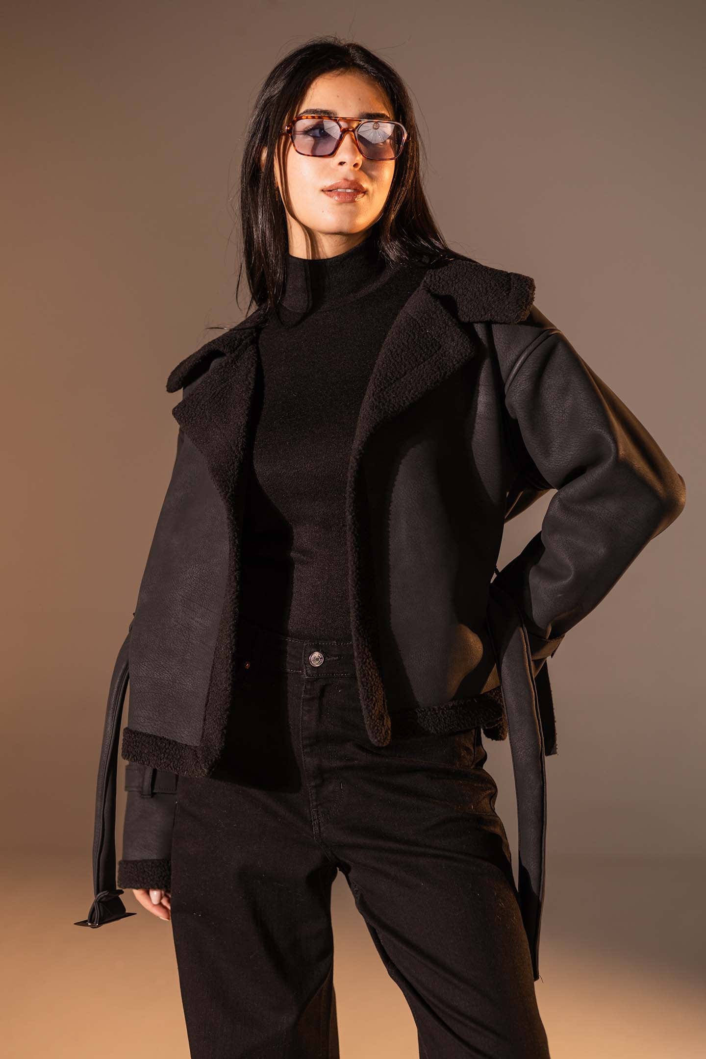 Black Faux Leather Jacket with Belted Waist