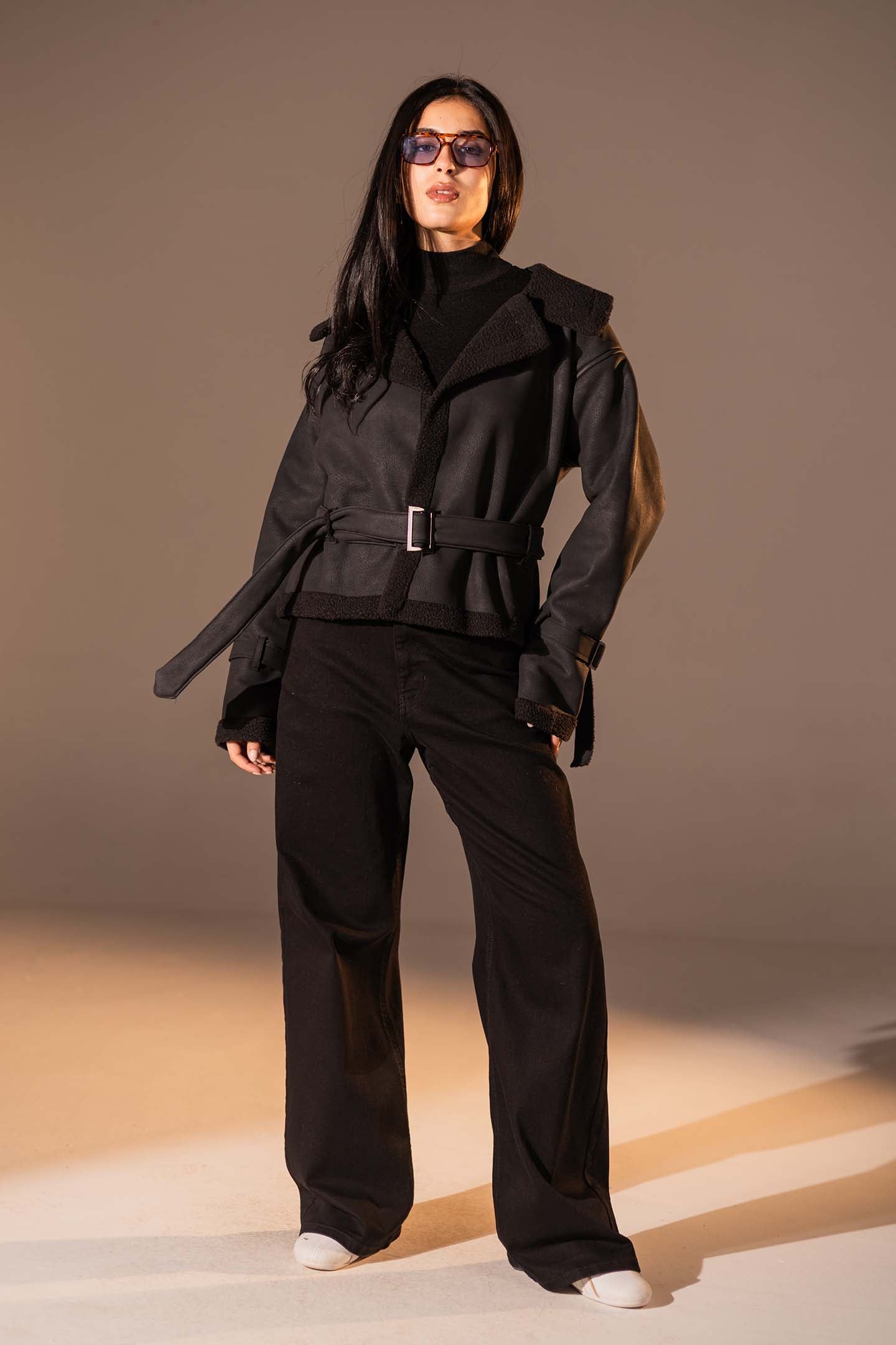 Black Faux Leather Jacket with Belted Waist