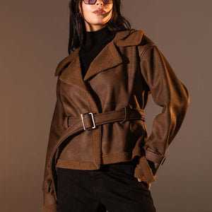 Brown Faux Leather Jacket with Belted Waist