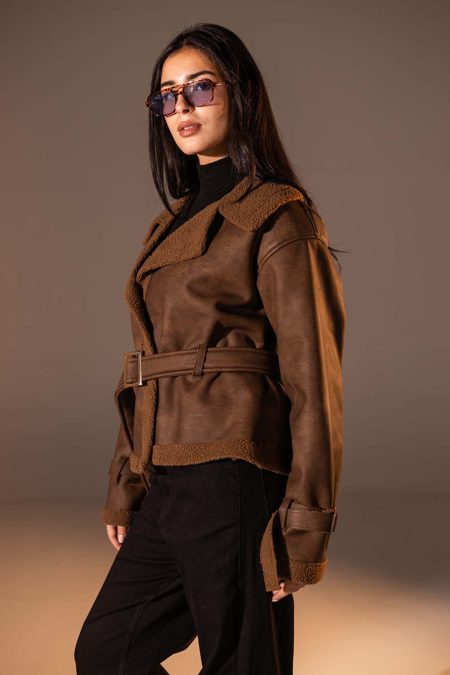Brown Faux Leather Jacket with Belted Waist