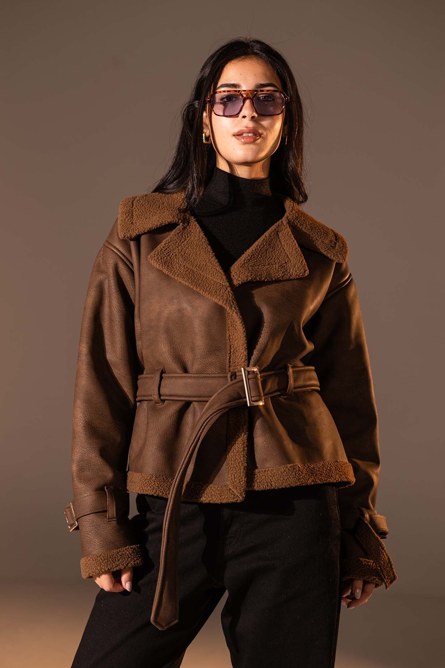 Brown Faux Leather Jacket with Belted Waist