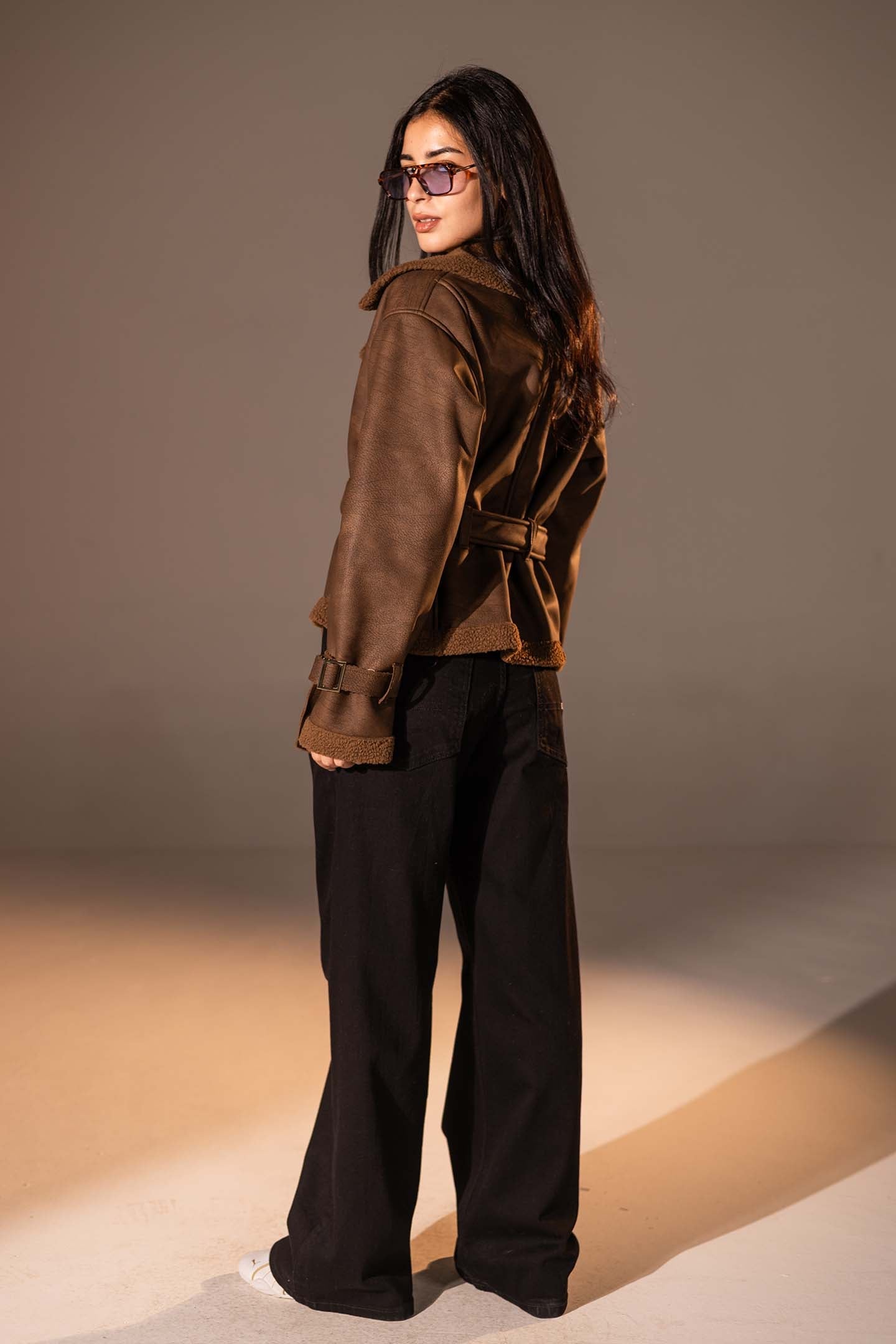 Brown Faux Leather Jacket with Belted Waist