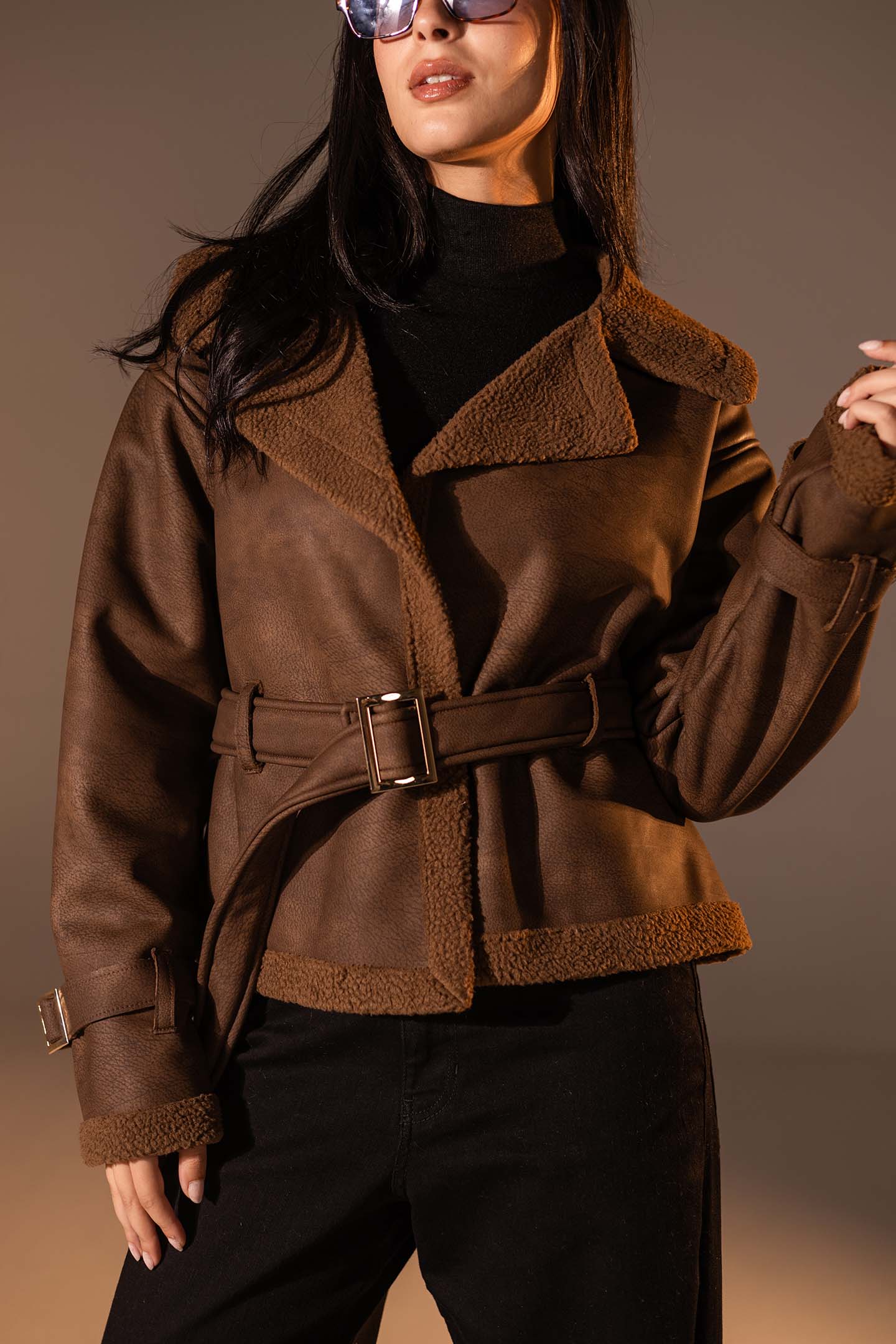 Brown Faux Leather Jacket with Belted Waist