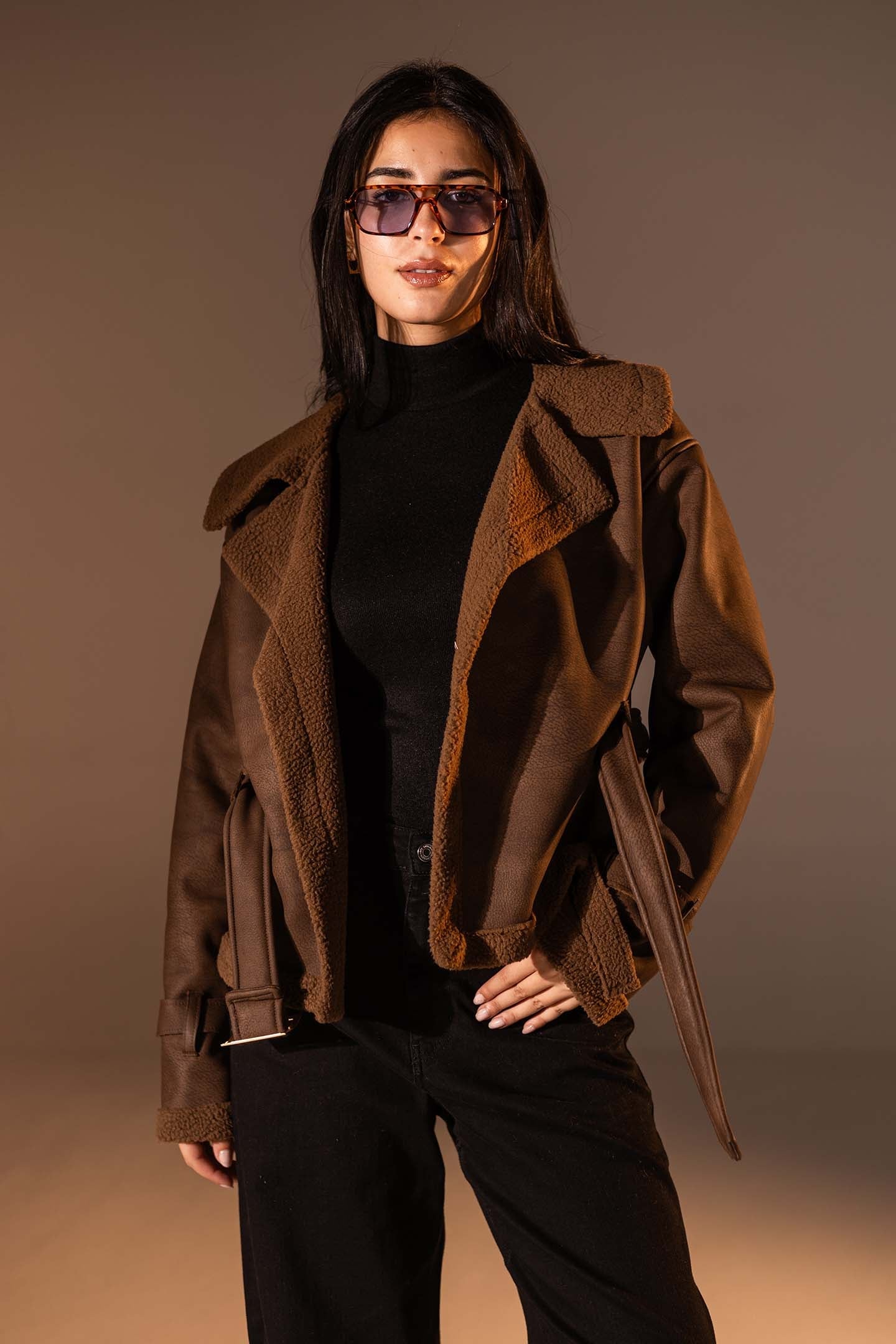 Brown Faux Leather Jacket with Belted Waist