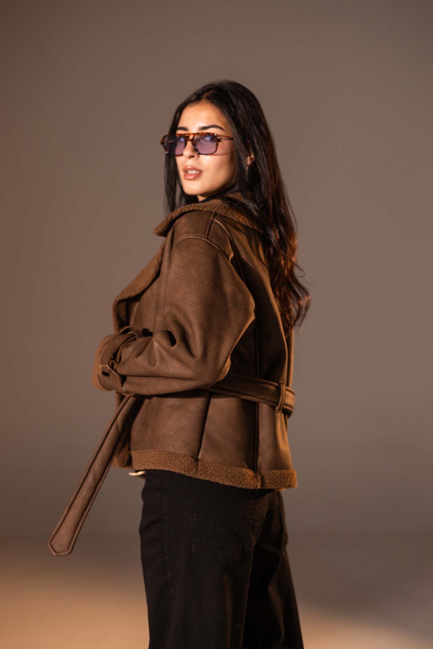 Brown Faux Leather Jacket with Belted Waist