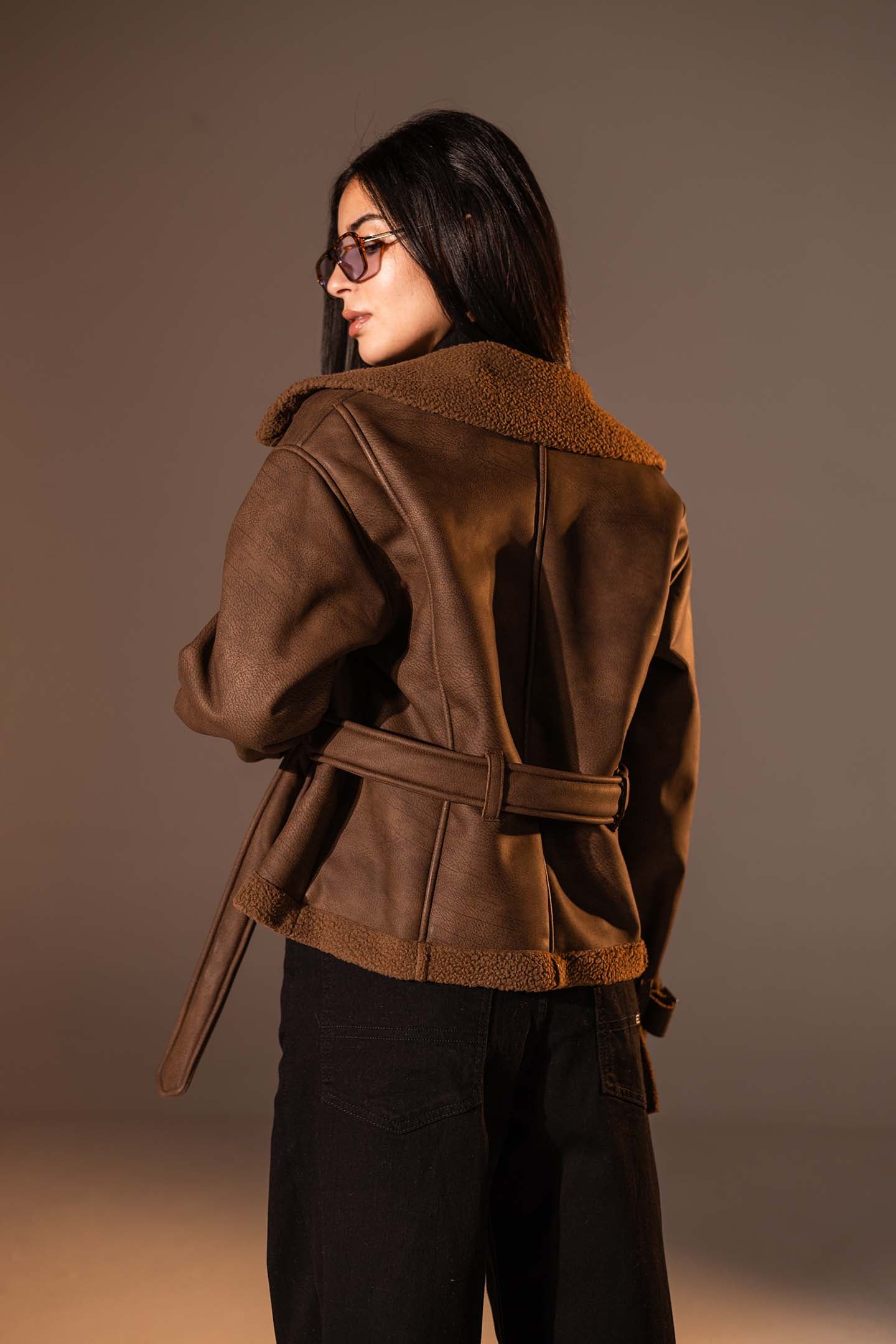 Brown Faux Leather Jacket with Belted Waist