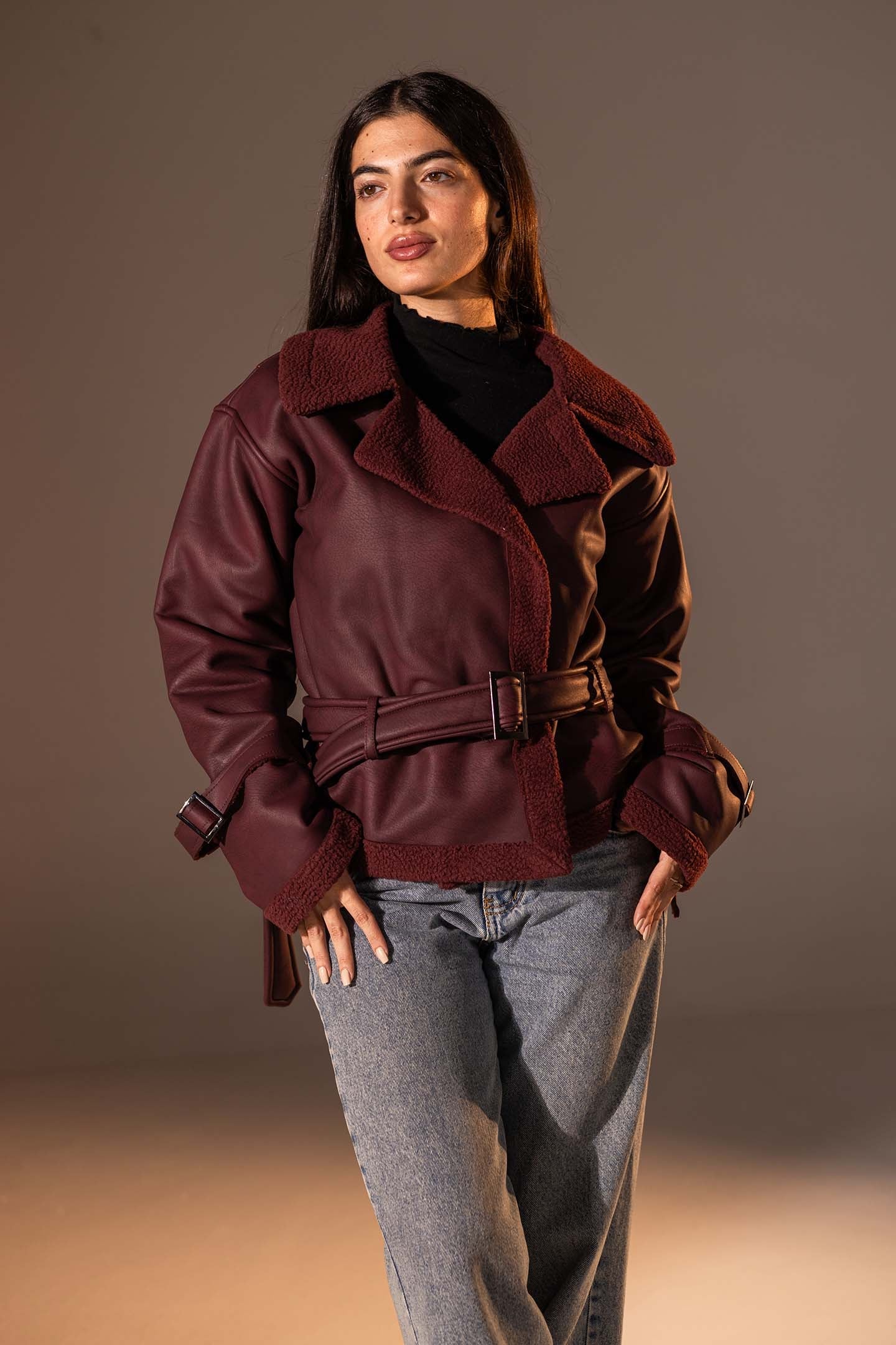 Burgundy Faux Leather Jacket with Belted Waist