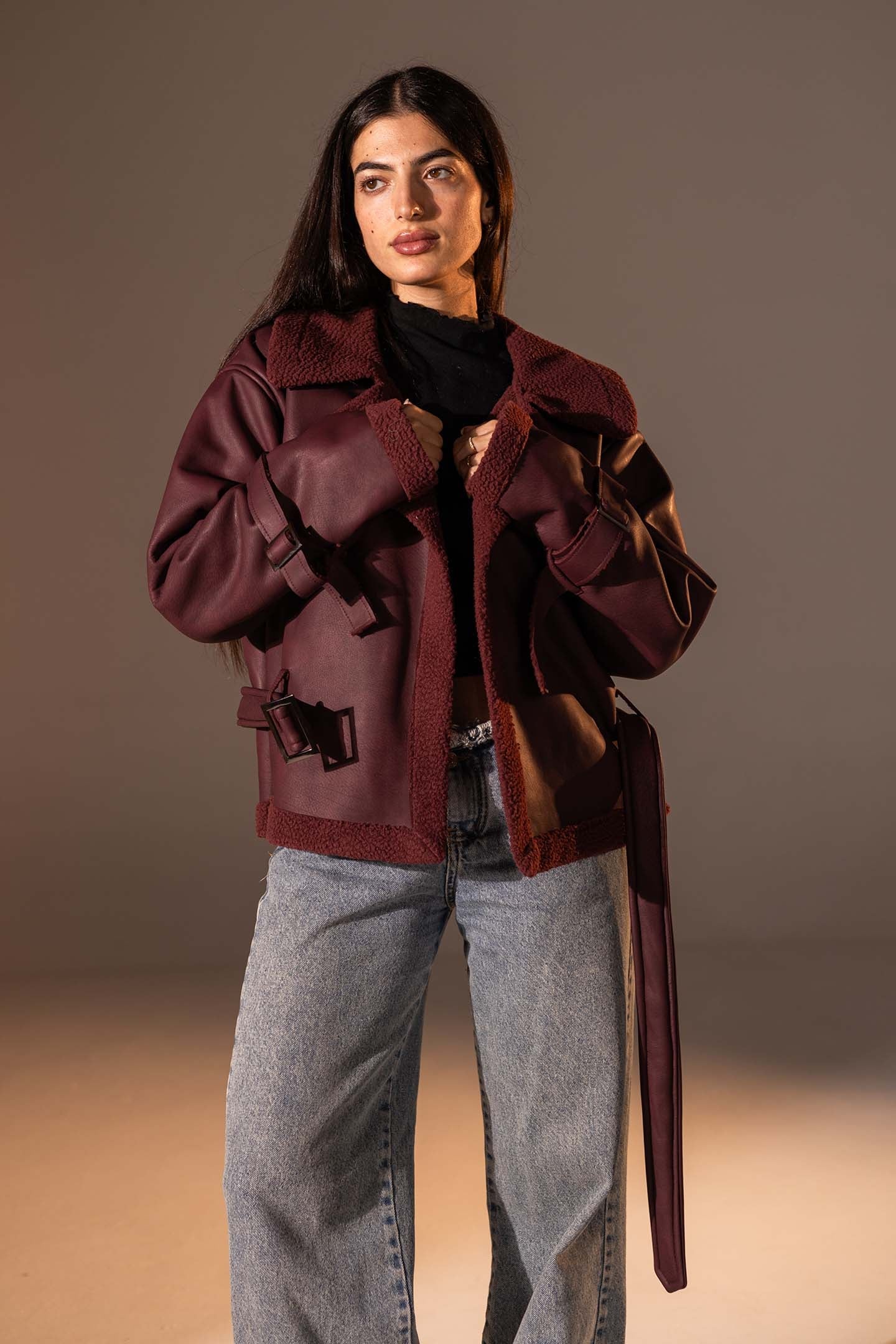 Burgundy Faux Leather Jacket with Belted Waist