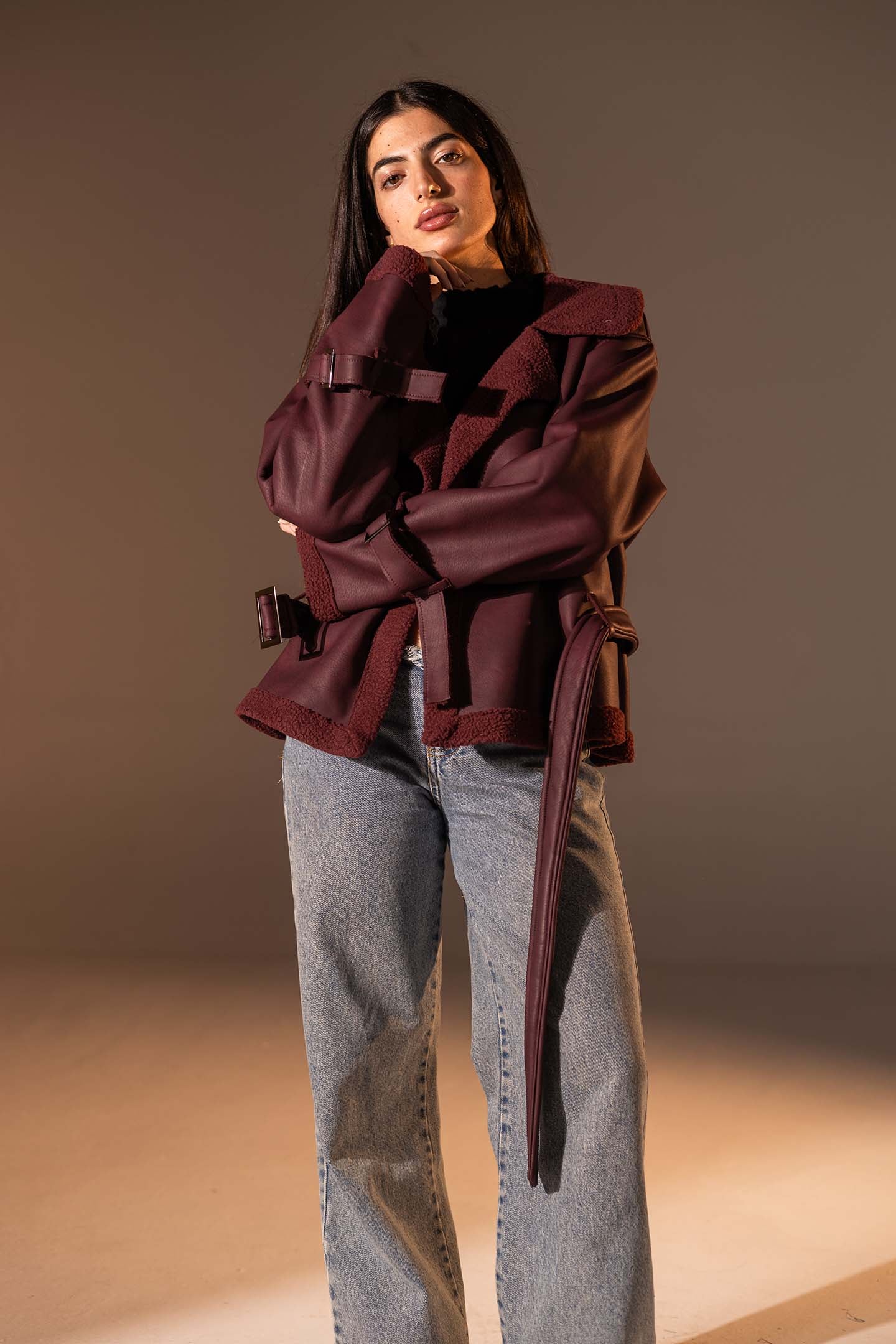 Burgundy Faux Leather Jacket with Belted Waist