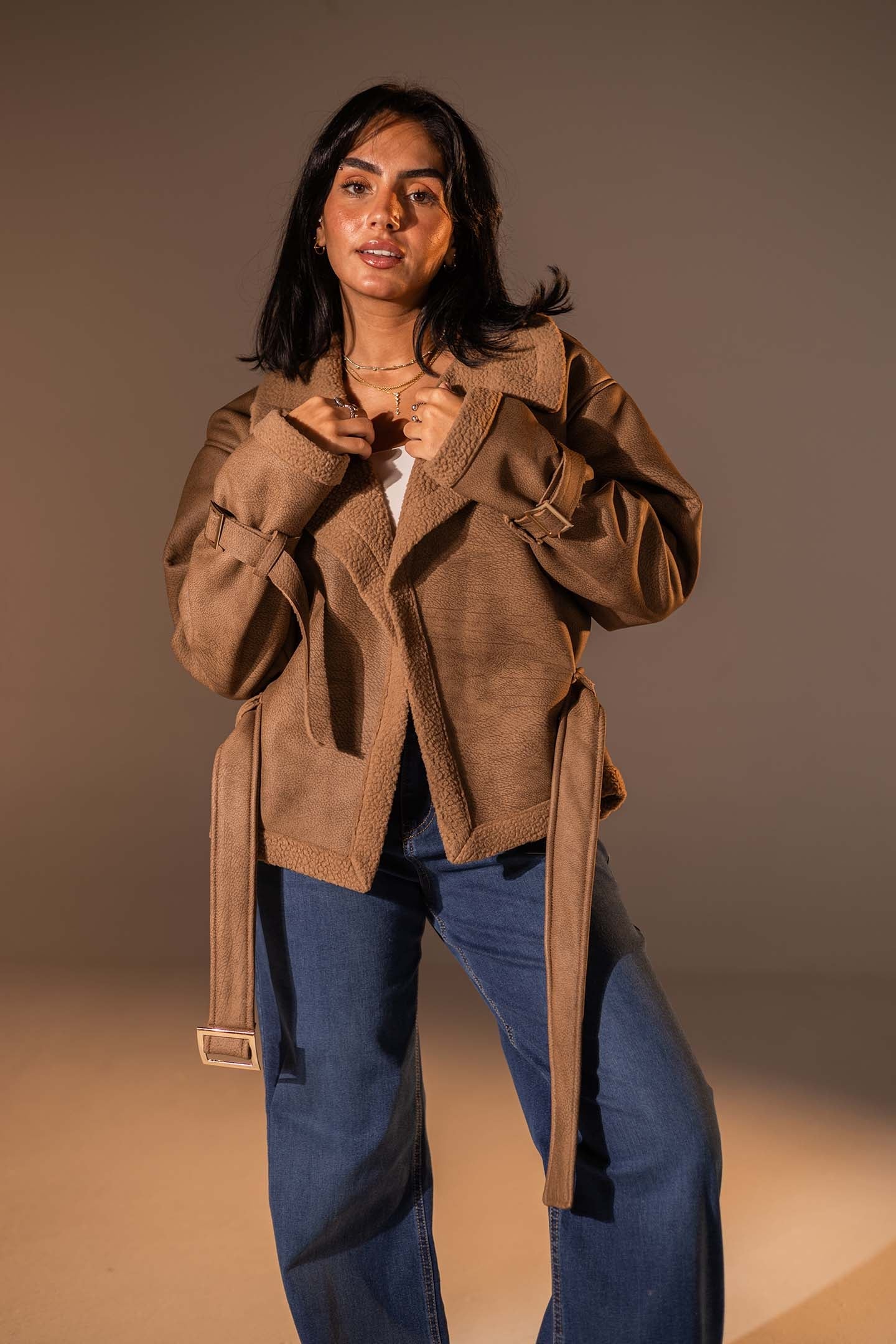 Coffe Faux Leather Jacket with Belted Waist