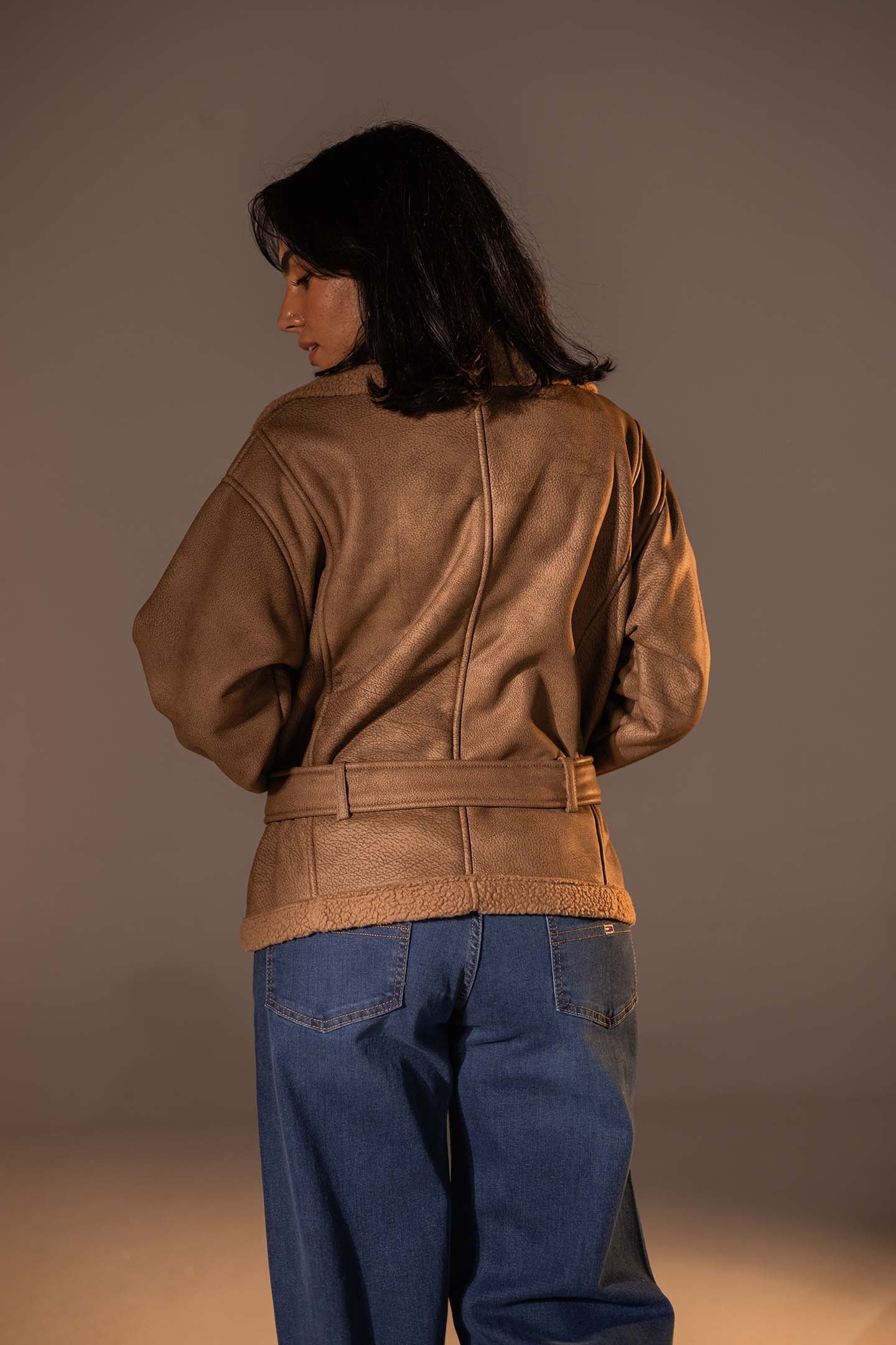 Coffe Faux Leather Jacket with Belted Waist