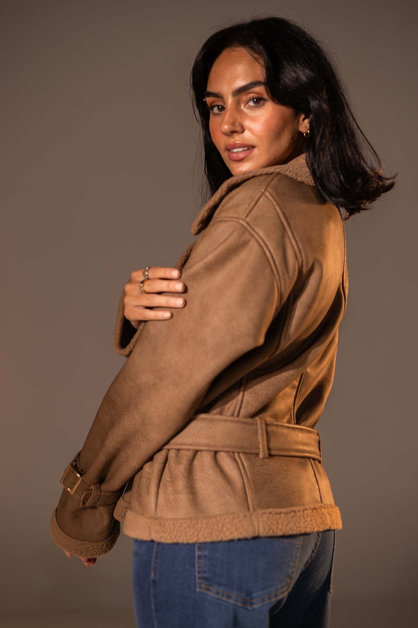 Coffe Faux Leather Jacket with Belted Waist