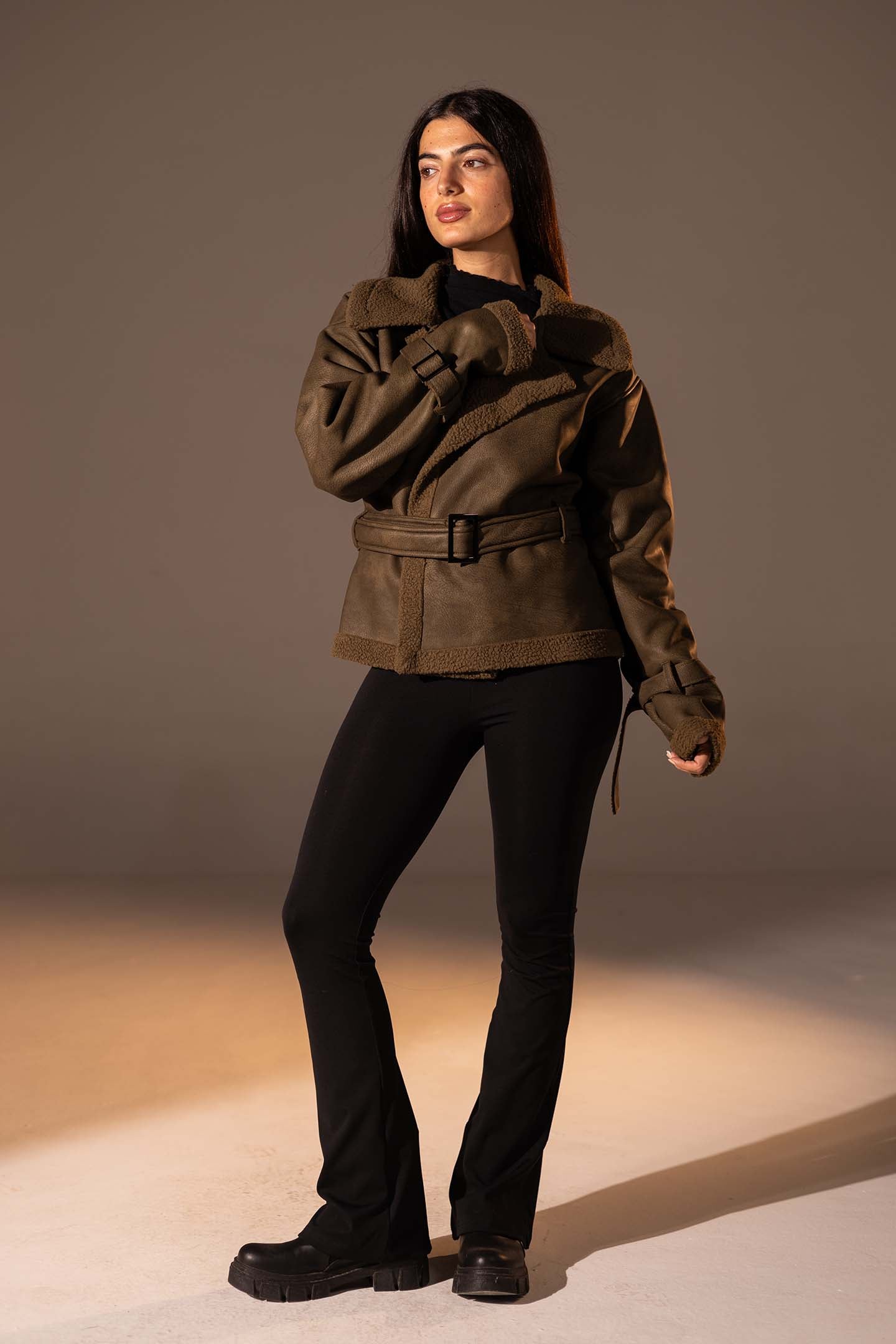 Olive Faux Leather Jacket with Belted Waist