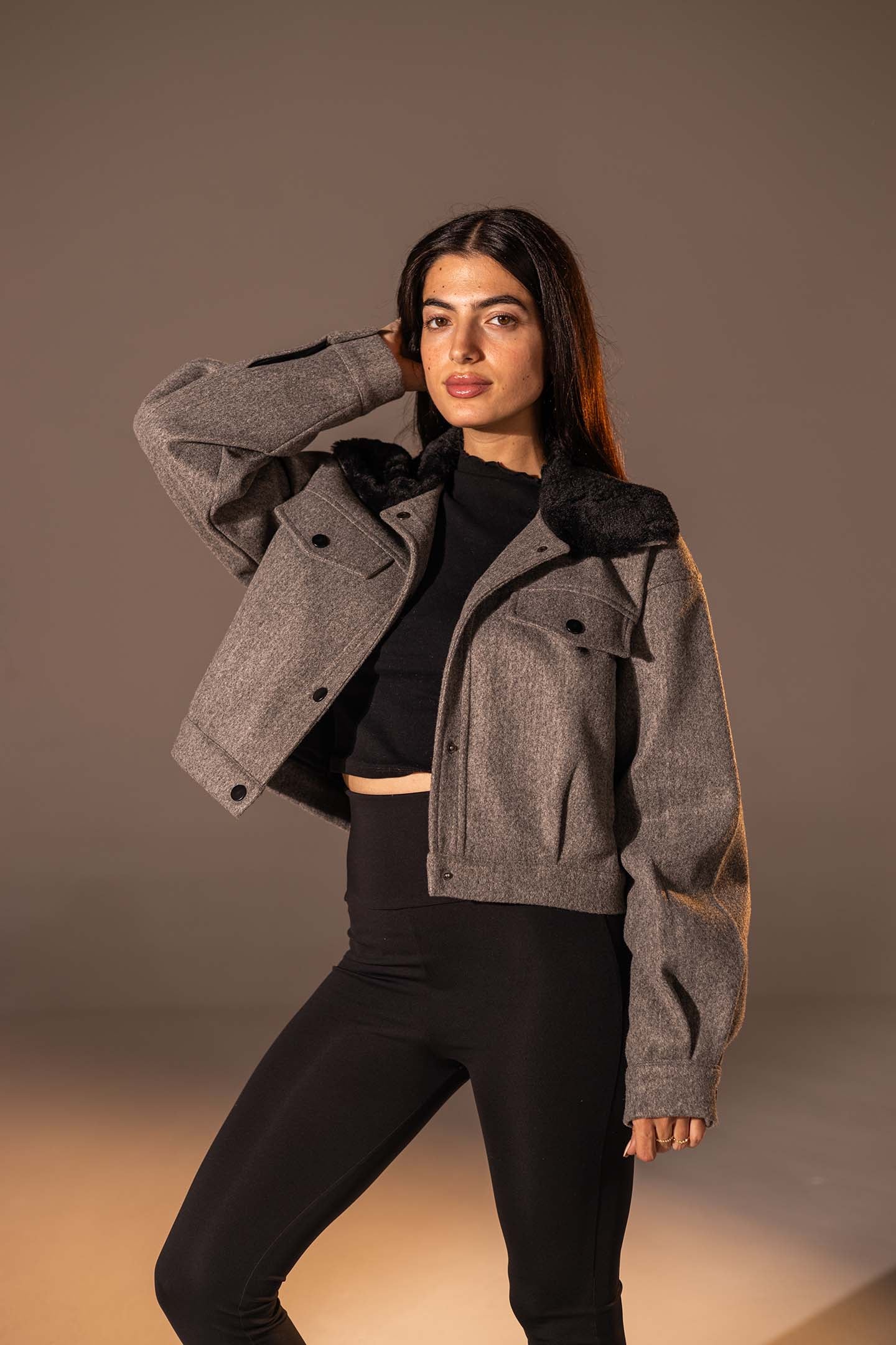 Grey Cropped Gough-Blend Jacket