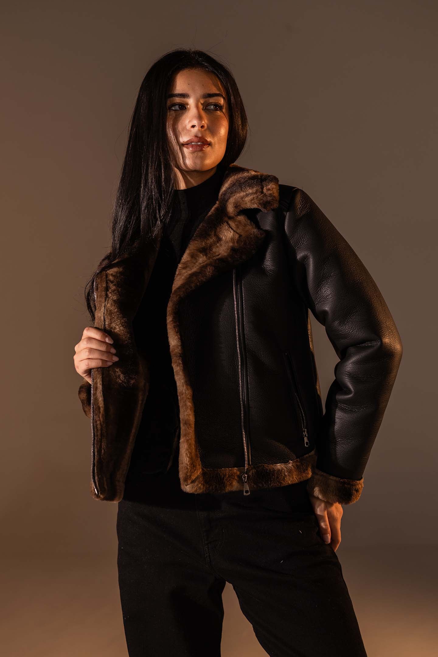 Black Biker Jacket with Leopard Collar & Cuffs