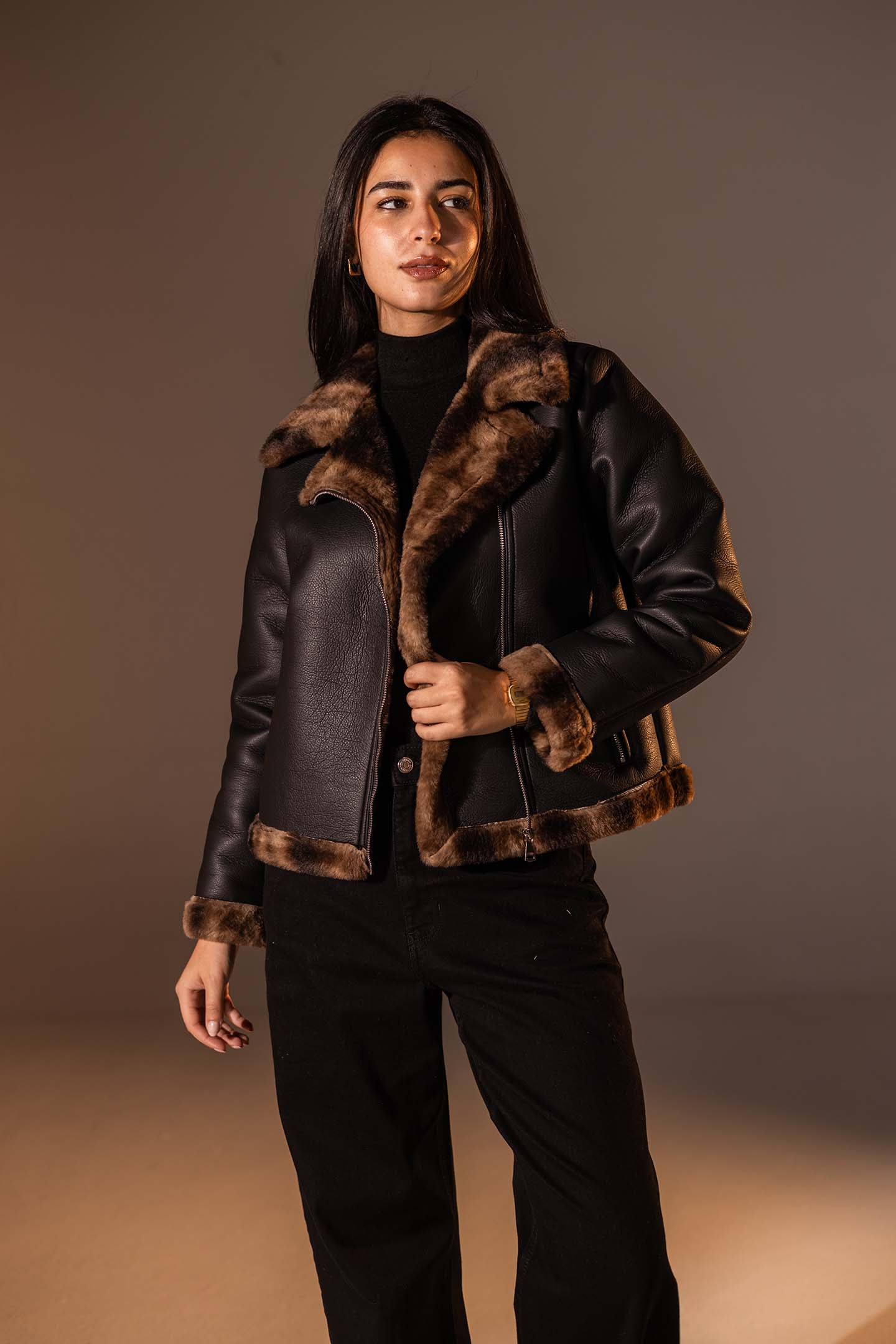 Black Biker Jacket with Leopard Collar & Cuffs