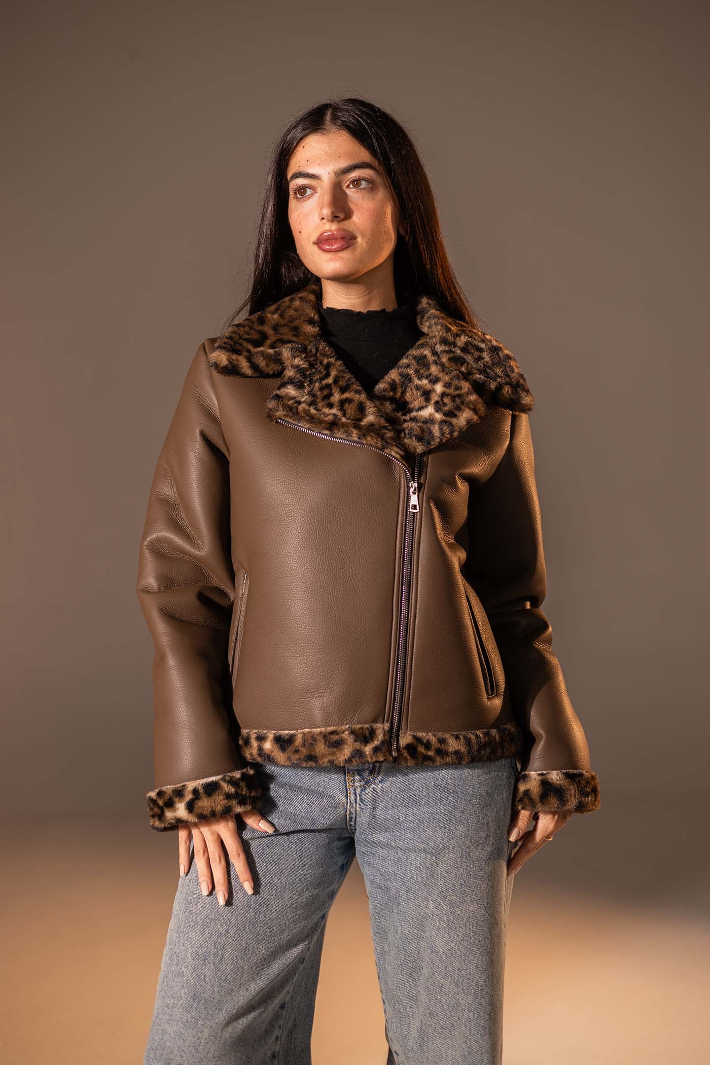 Brown Biker Jacket with Leopard Collar & Cuffs