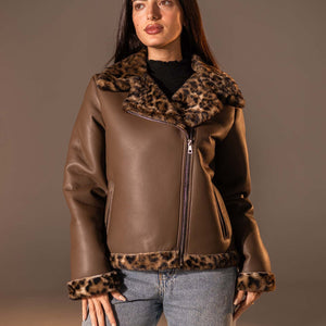 Brown Biker Jacket with Leopard Collar & Cuffs