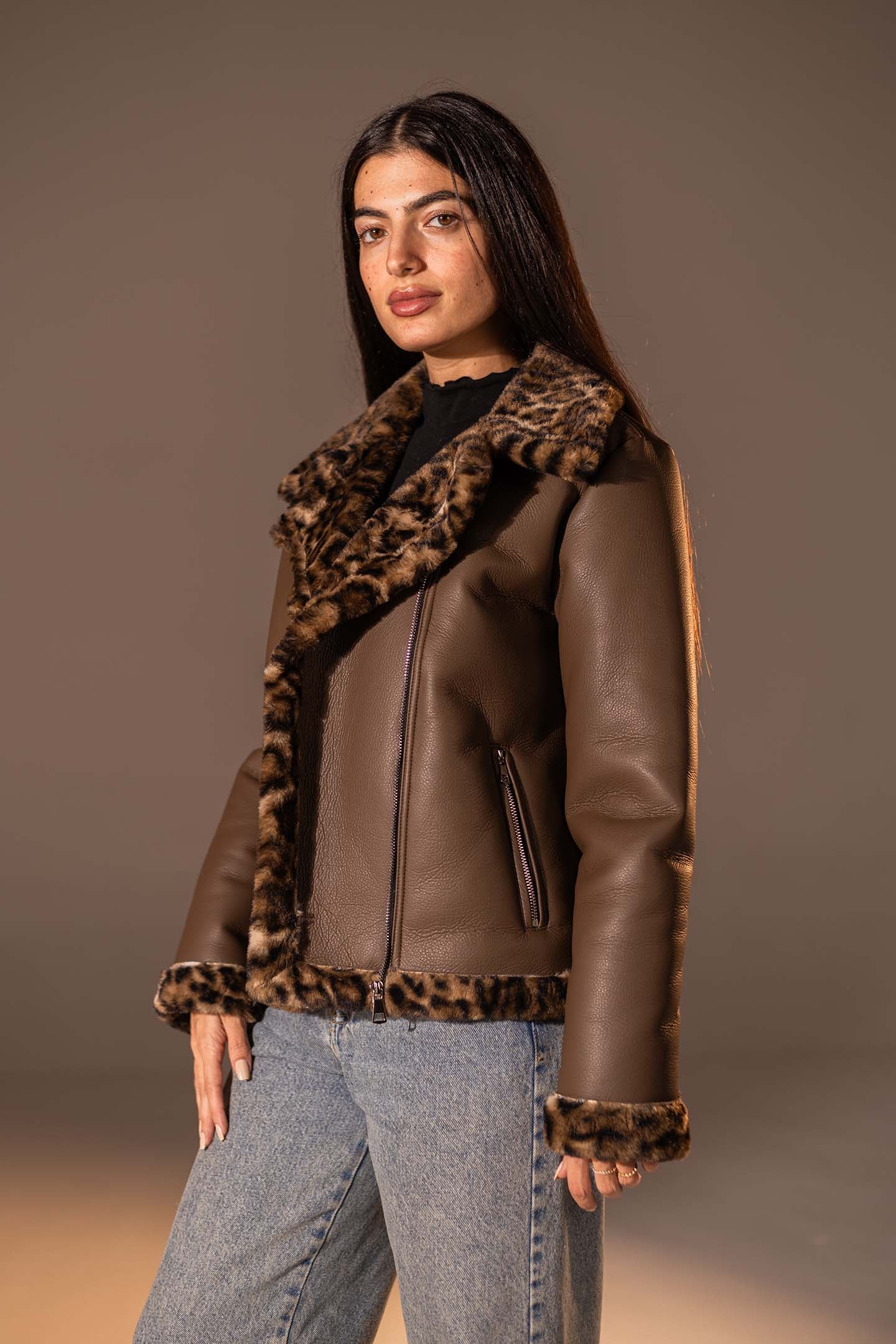Brown Biker Jacket with Leopard Collar & Cuffs