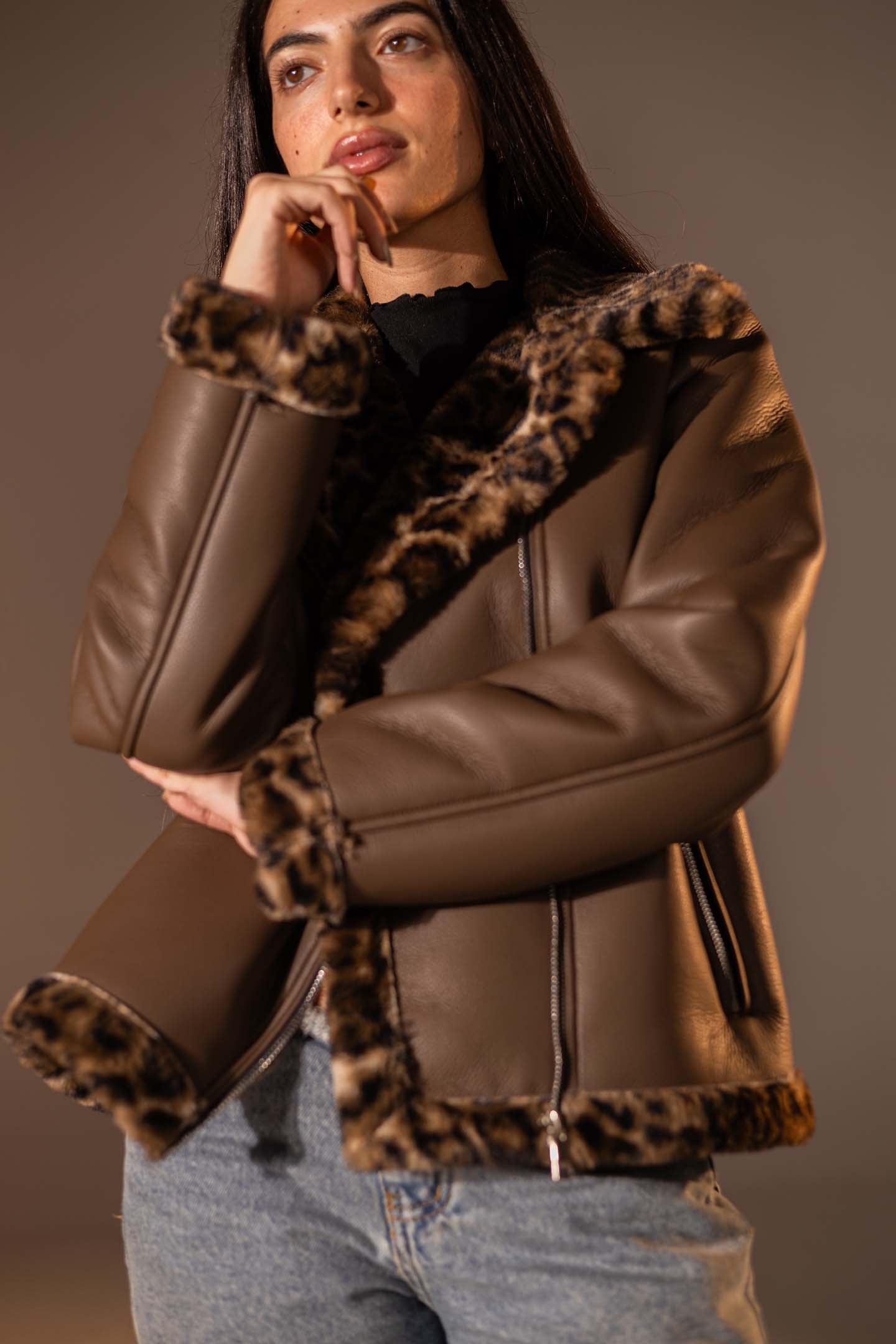 Brown Biker Jacket with Leopard Collar & Cuffs
