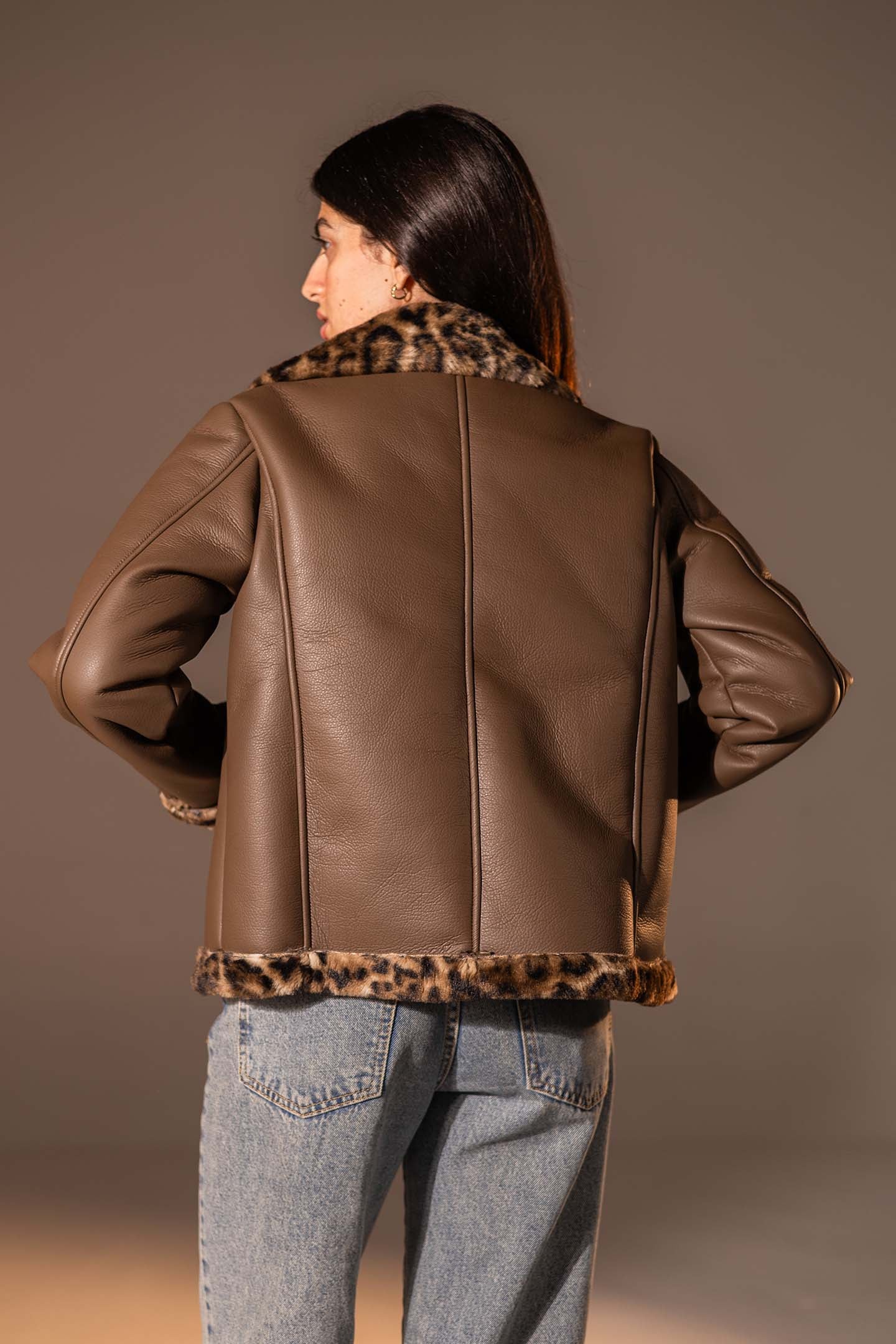 Brown Biker Jacket with Leopard Collar & Cuffs