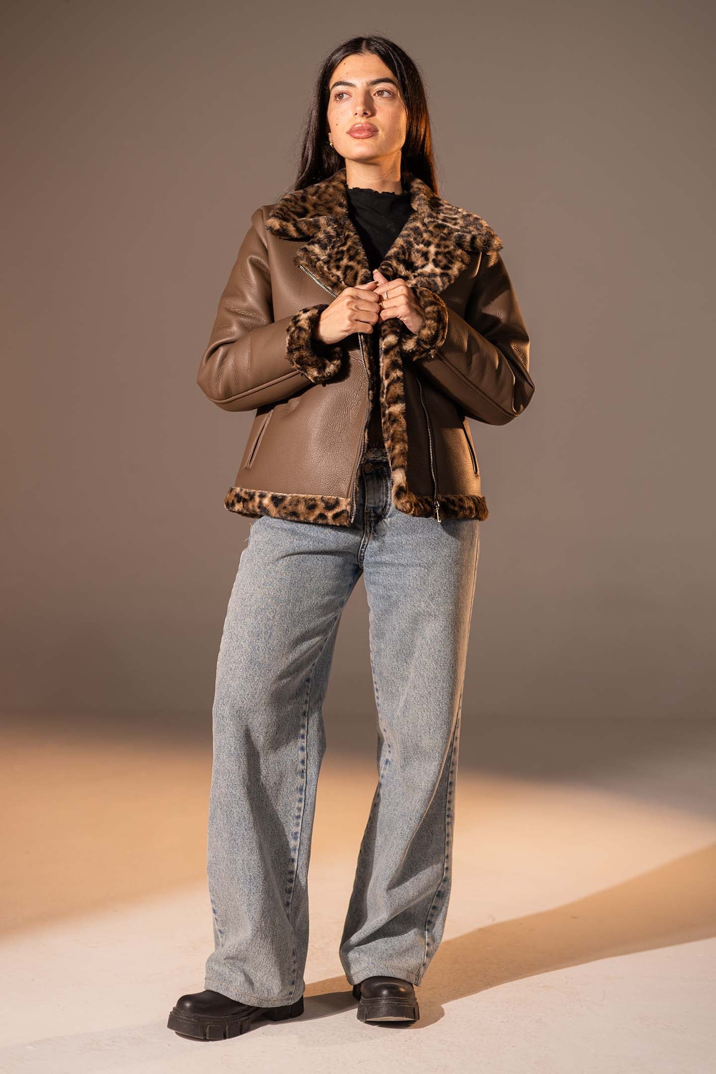 Brown Biker Jacket with Leopard Collar & Cuffs