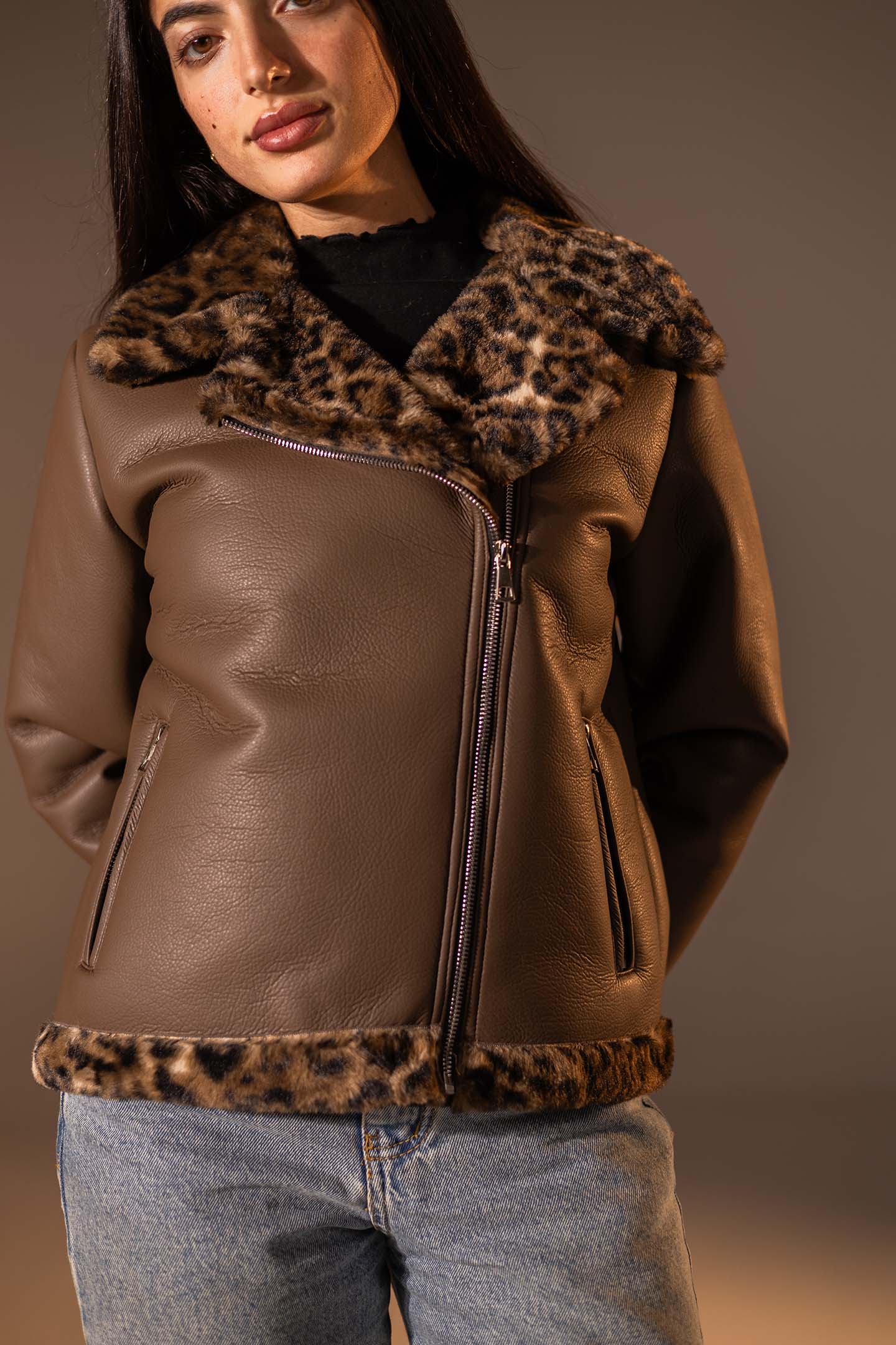 Brown Biker Jacket with Leopard Collar & Cuffs
