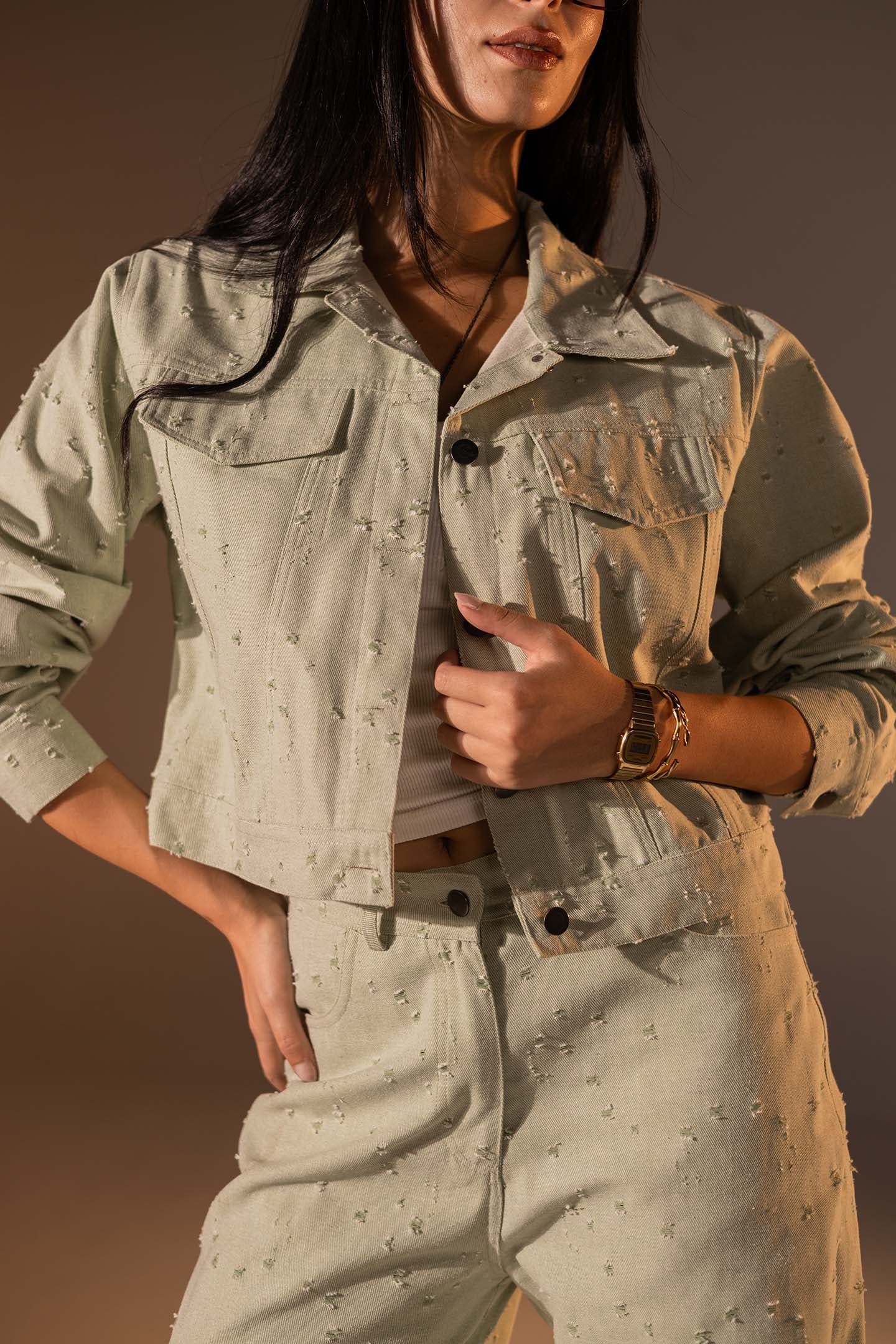 طقم دنيم مكوّن من قطعتين بلون الاخضر