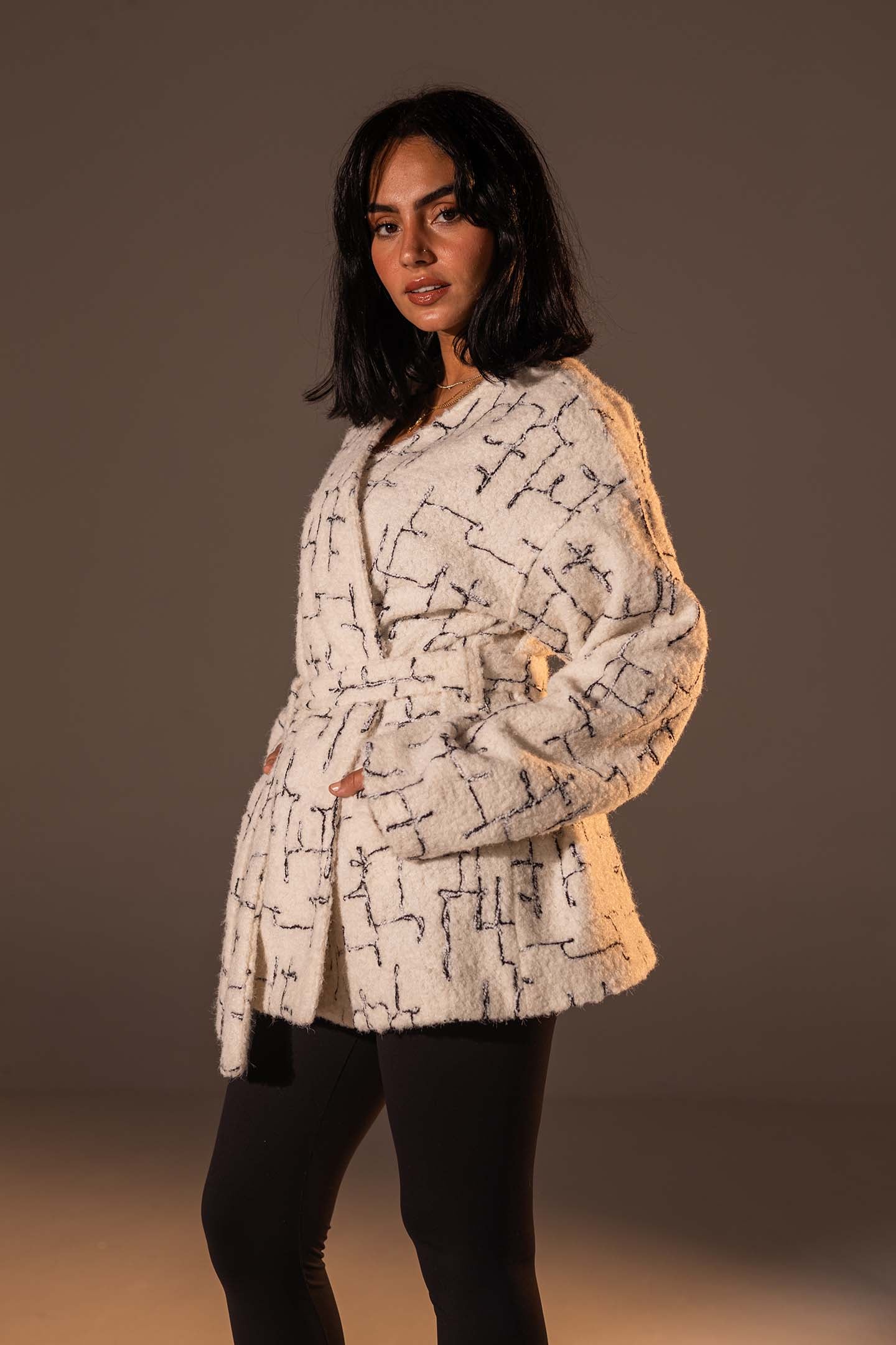 Beige Tweed-Style Belted Jacket