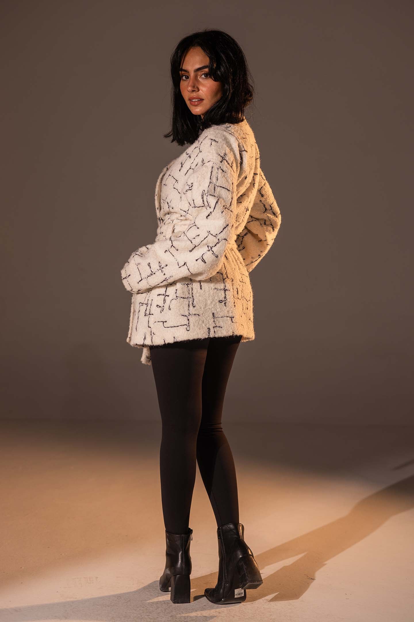 Beige Tweed-Style Belted Jacket