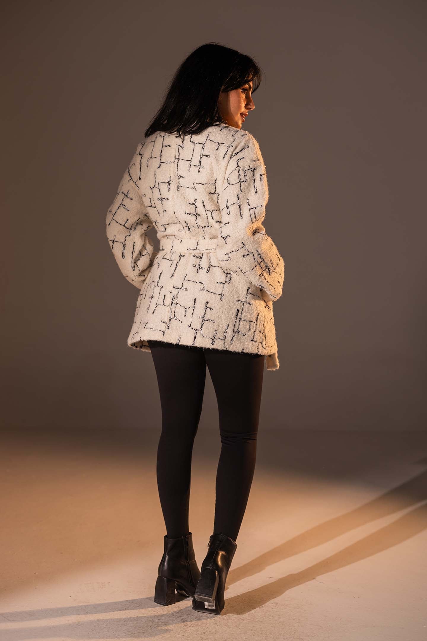 Beige Tweed-Style Belted Jacket