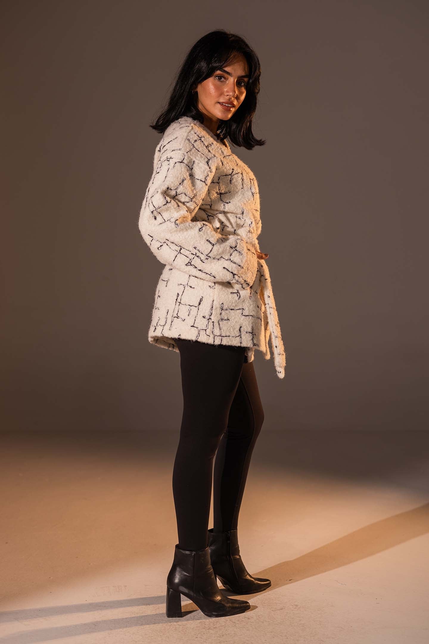 Beige Tweed-Style Belted Jacket