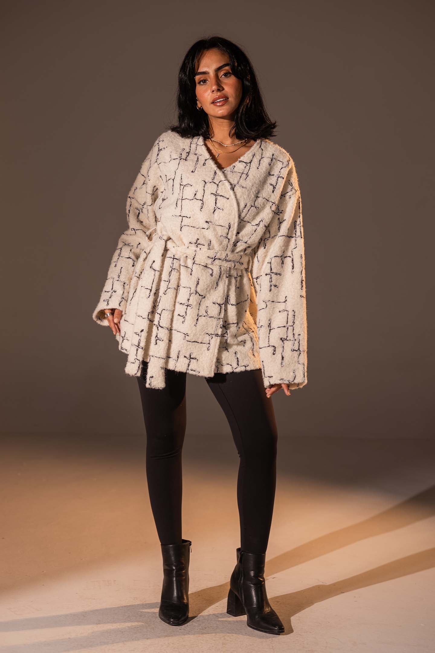 Beige Tweed-Style Belted Jacket