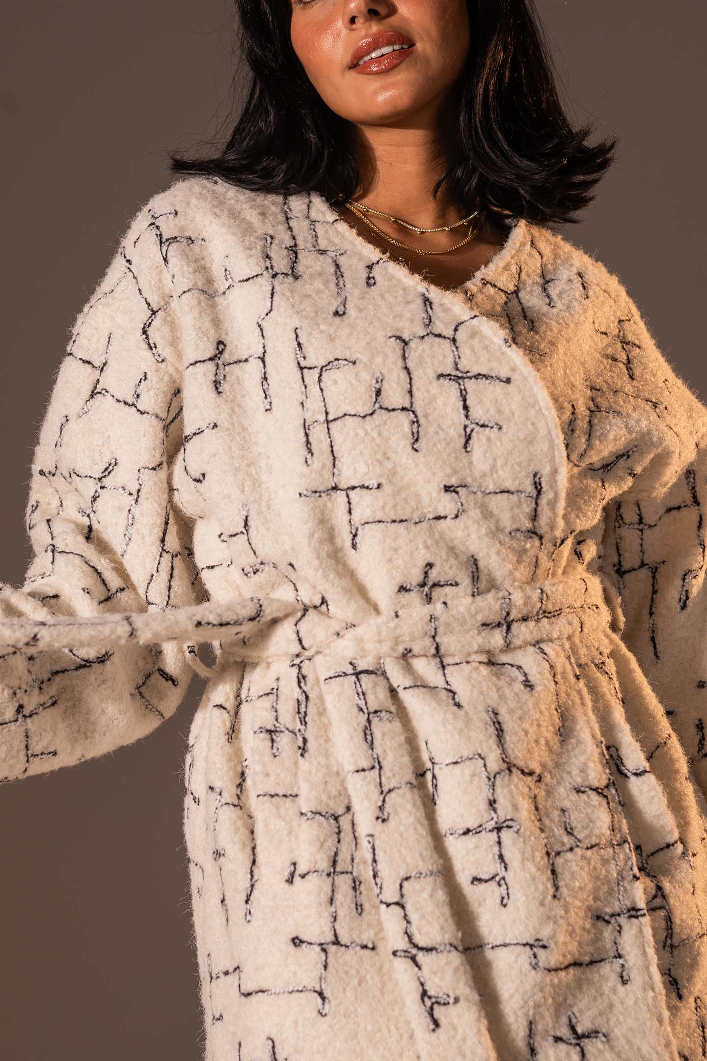 Beige Tweed-Style Belted Jacket