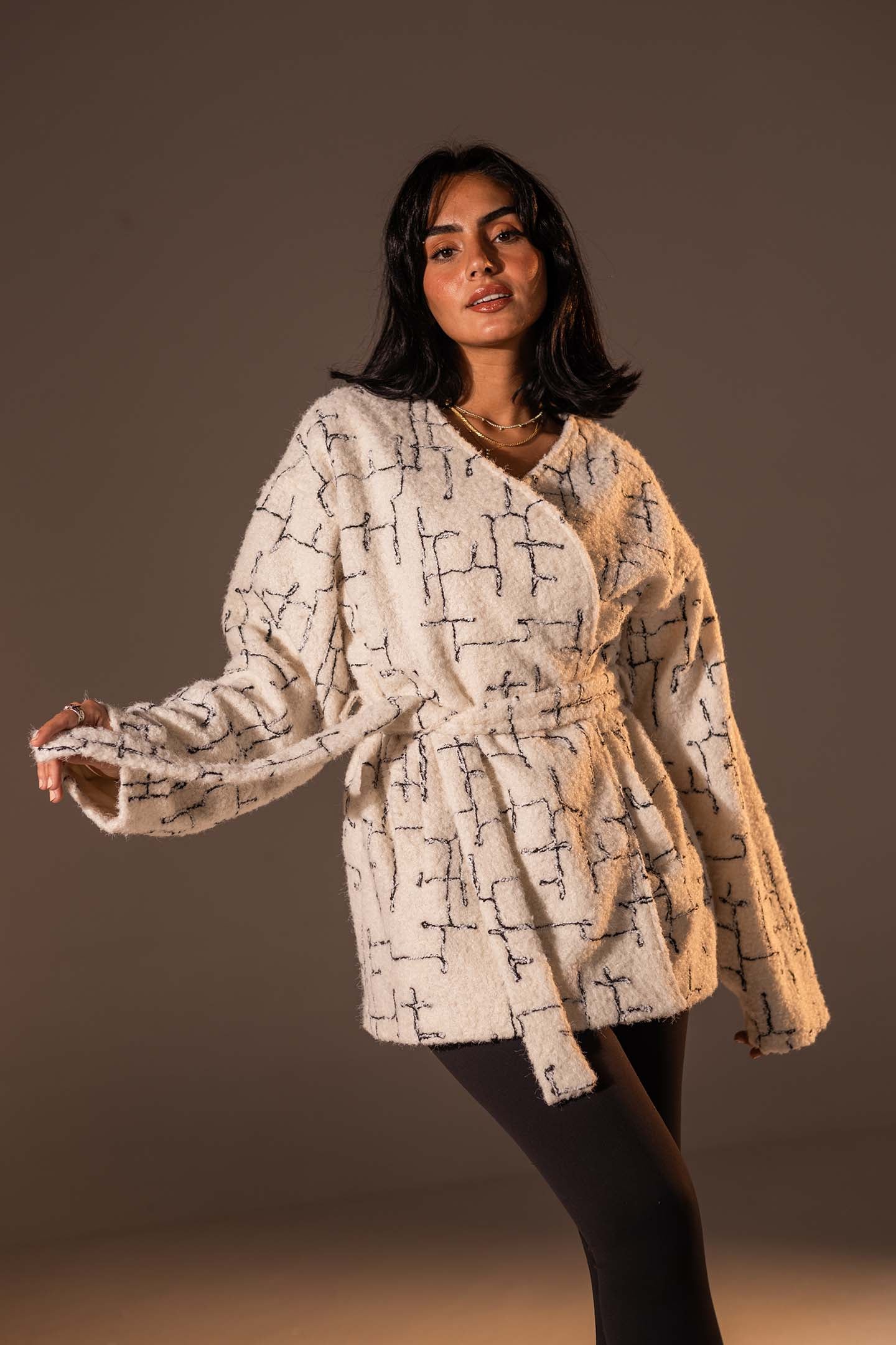 Beige Tweed-Style Belted Jacket