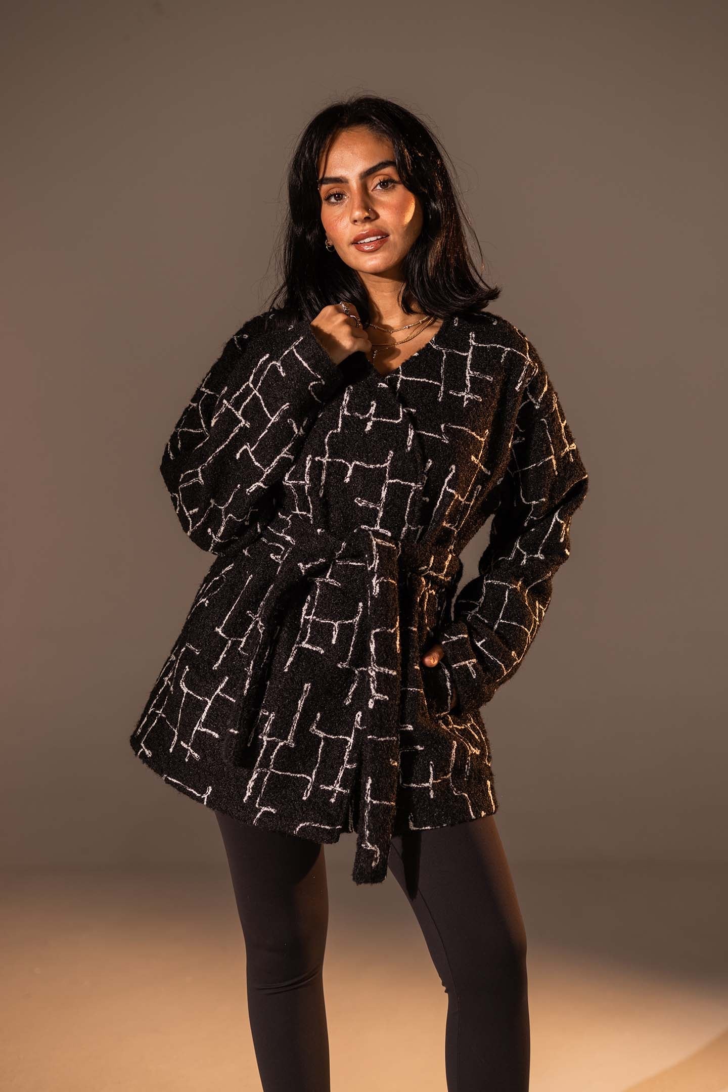 Black Tweed-Style Belted Jacket