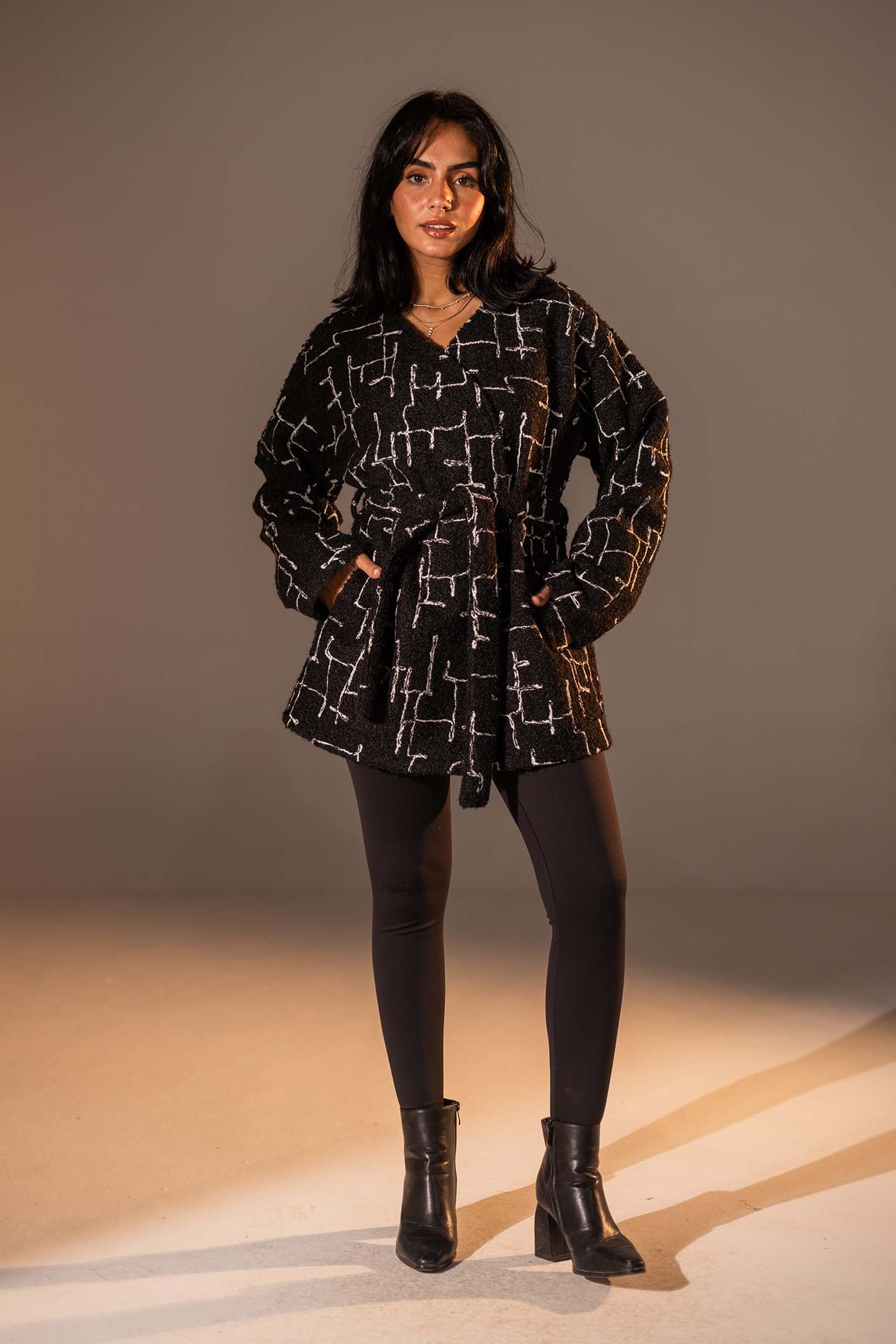 Black Tweed-Style Belted Jacket