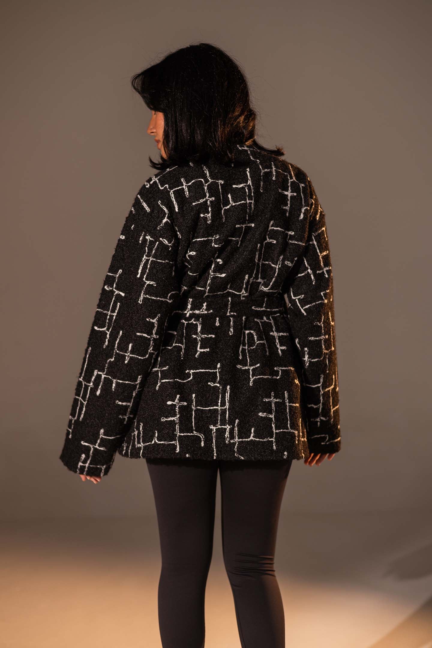 Black Tweed-Style Belted Jacket