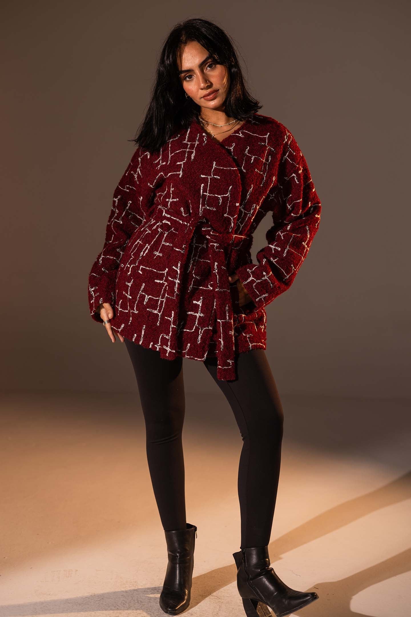 Burgundy Tweed-Style Belted Jacket