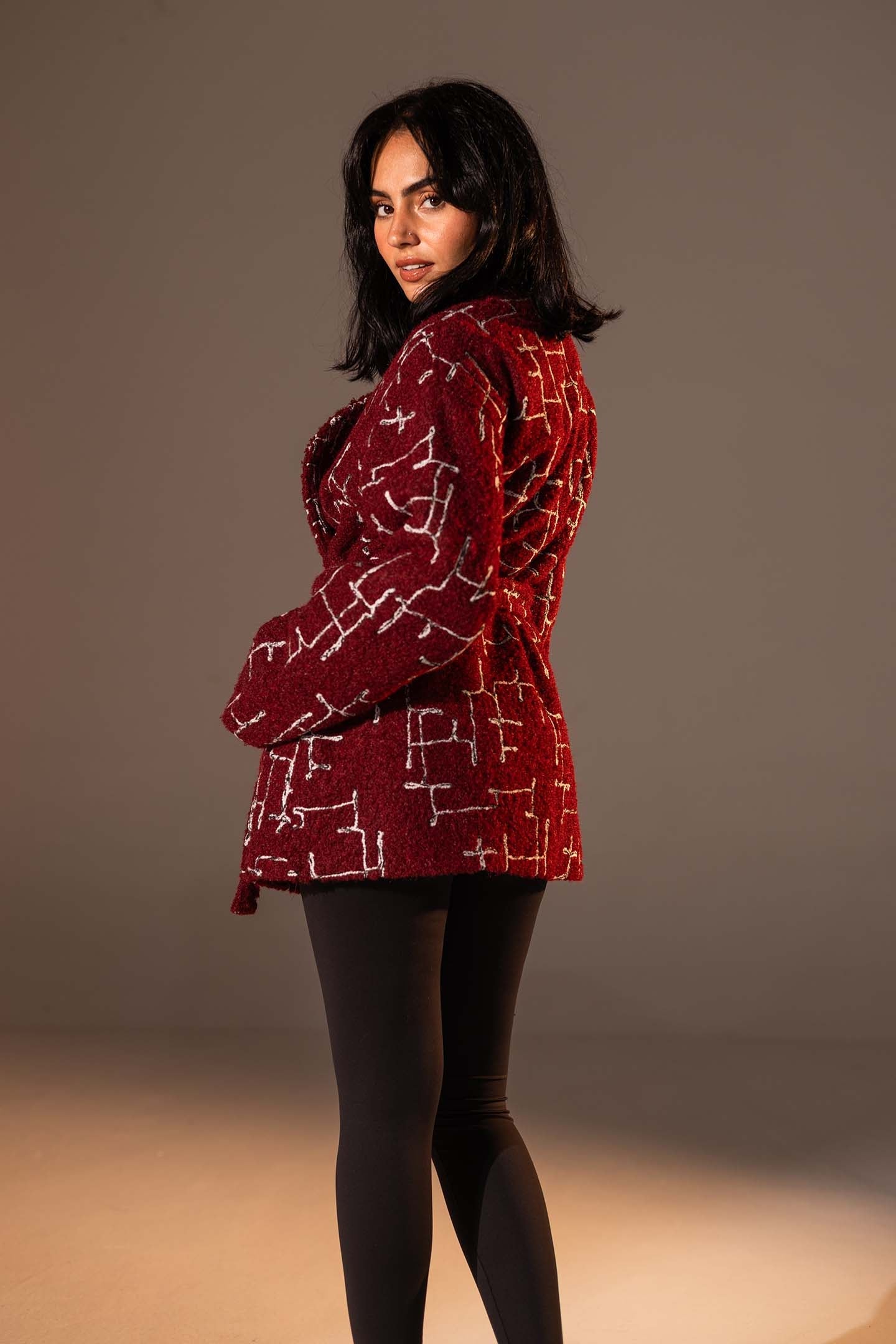 Burgundy Tweed-Style Belted Jacket