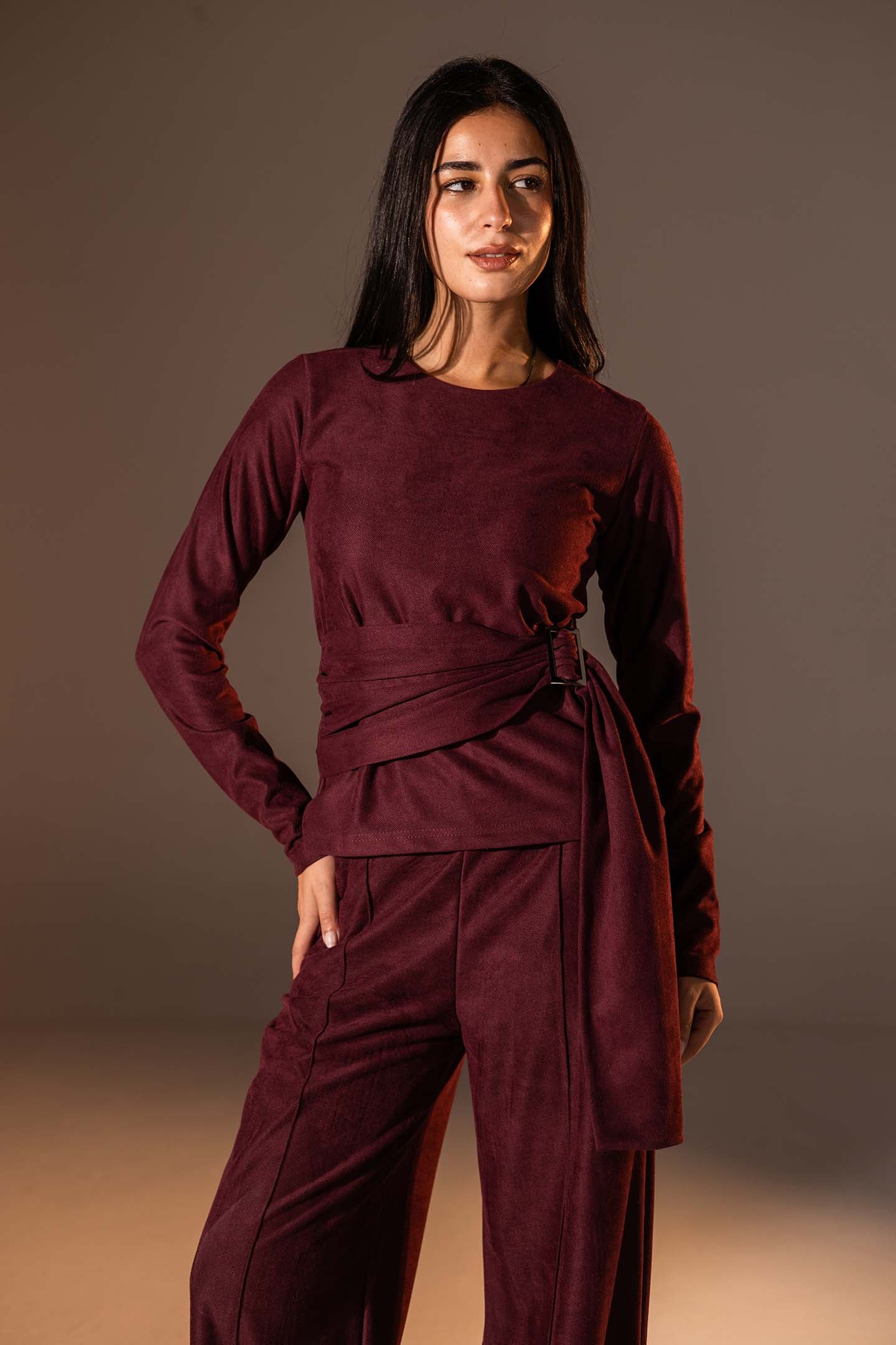 Burgundy Wrap Top with Side Buckle