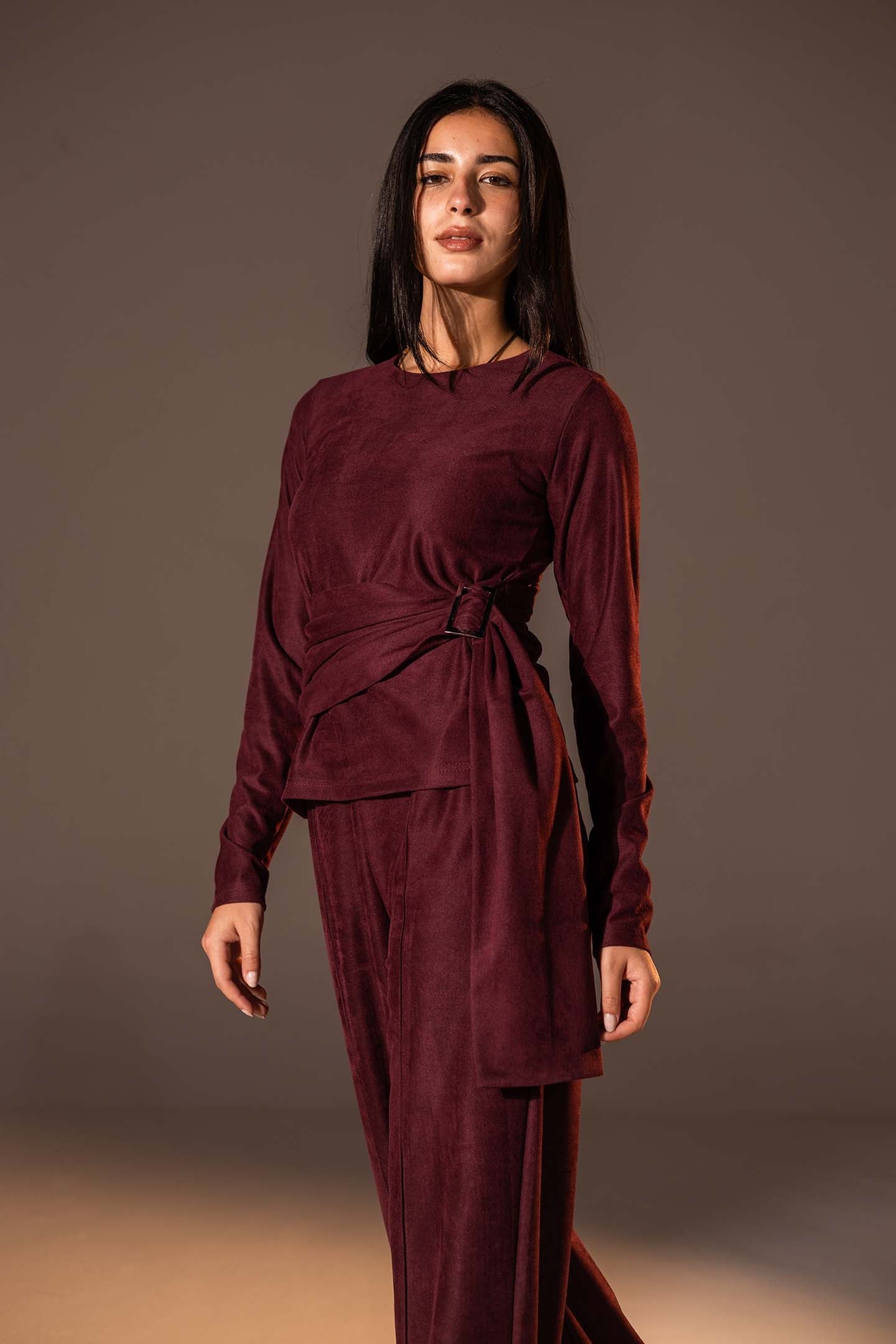 Burgundy Wrap Top with Side Buckle