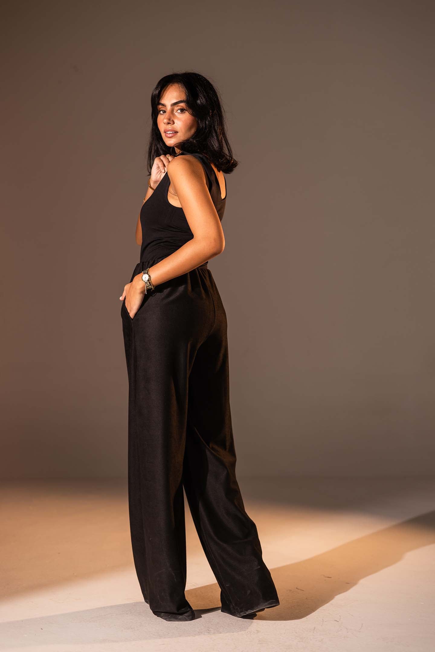 Black Wide-Leg Textured Pants