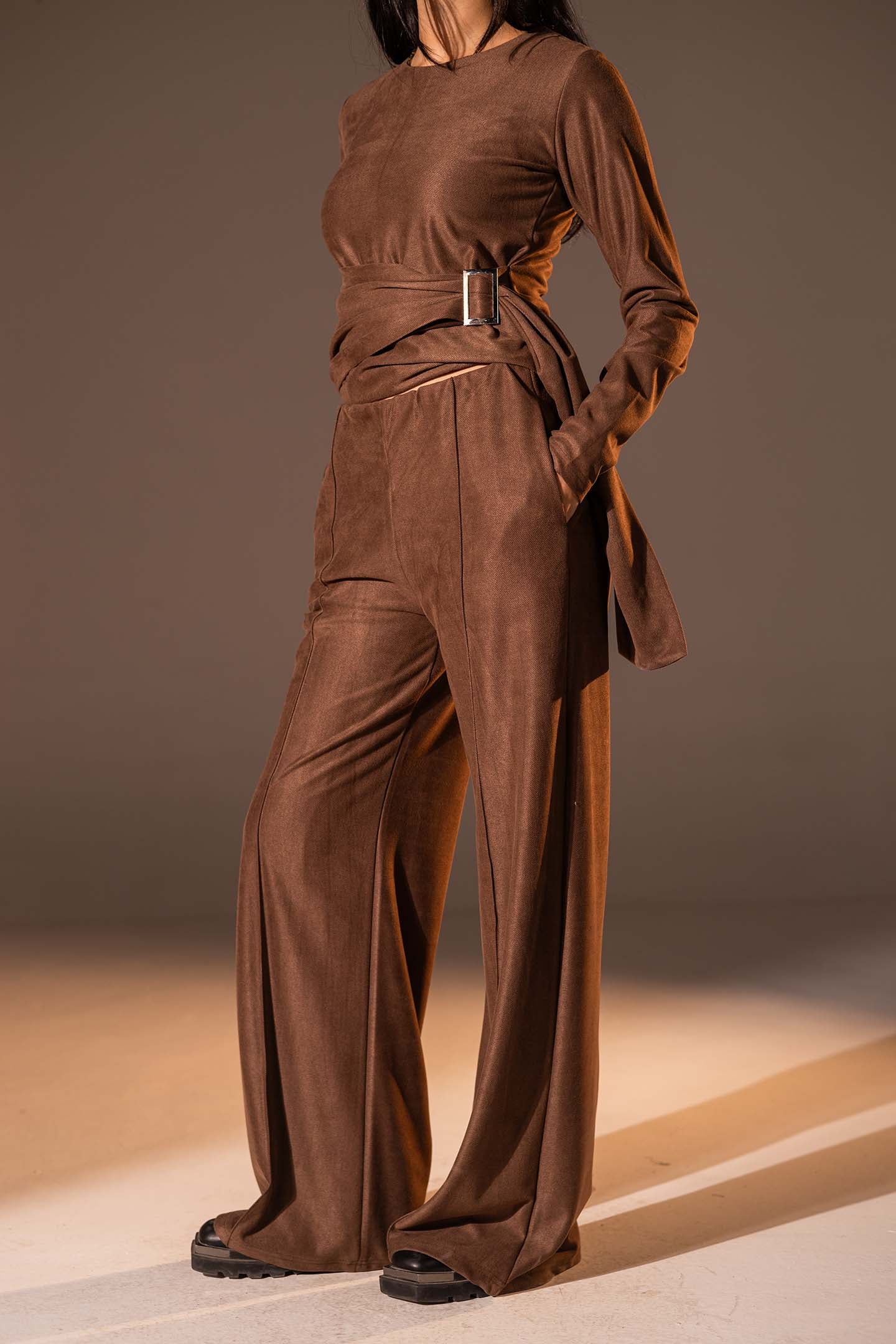 Brown Wide-Leg Textured Pants