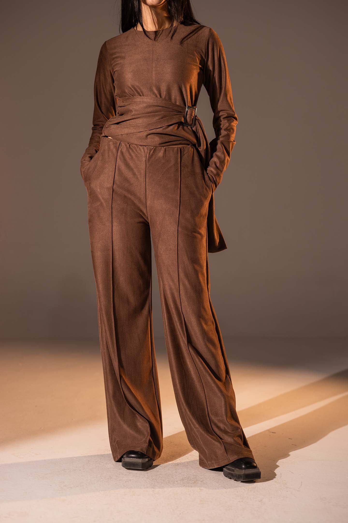 Brown Wide-Leg Textured Pants