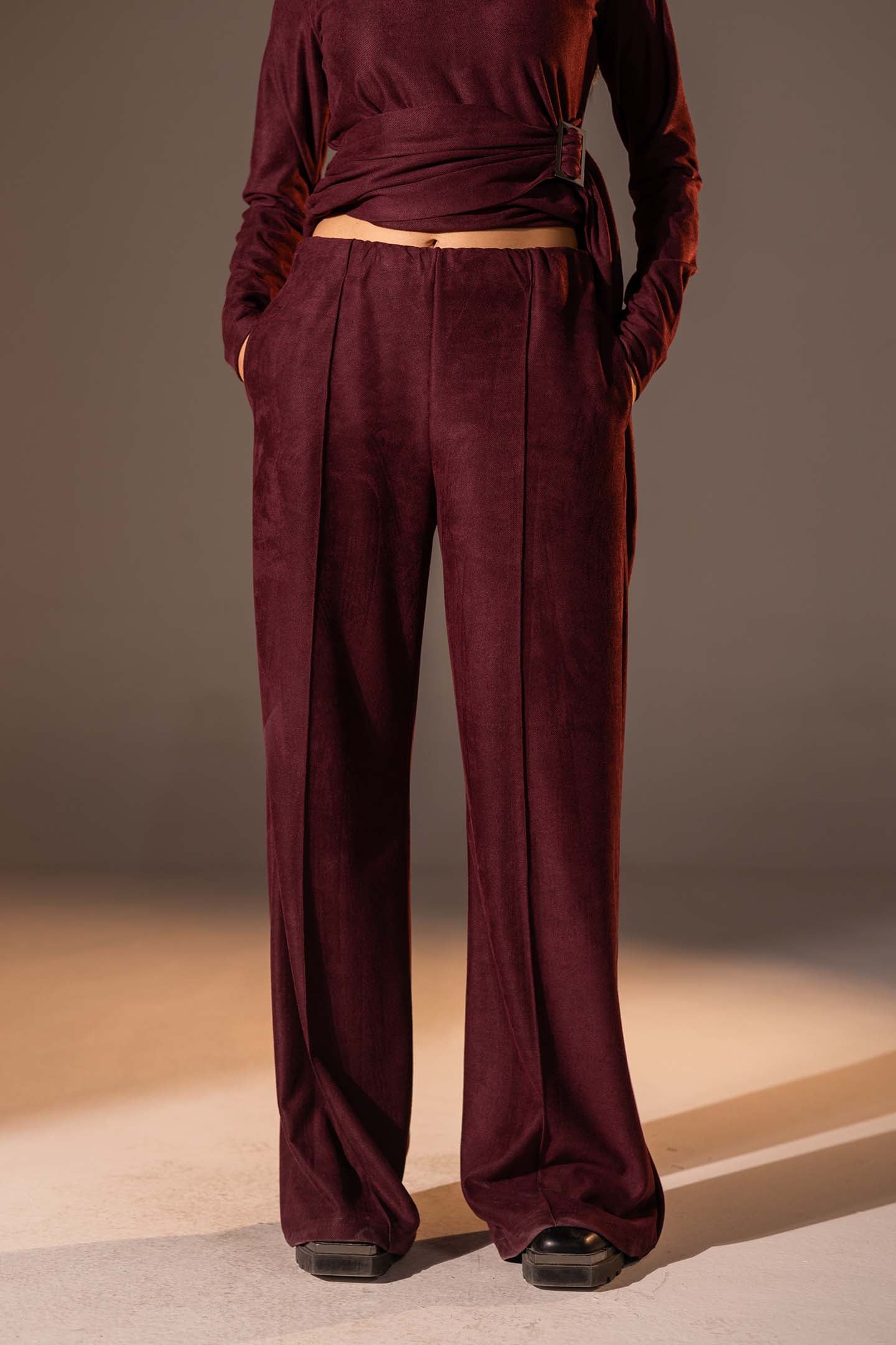 Burgundy Wide-Leg Textured Pants