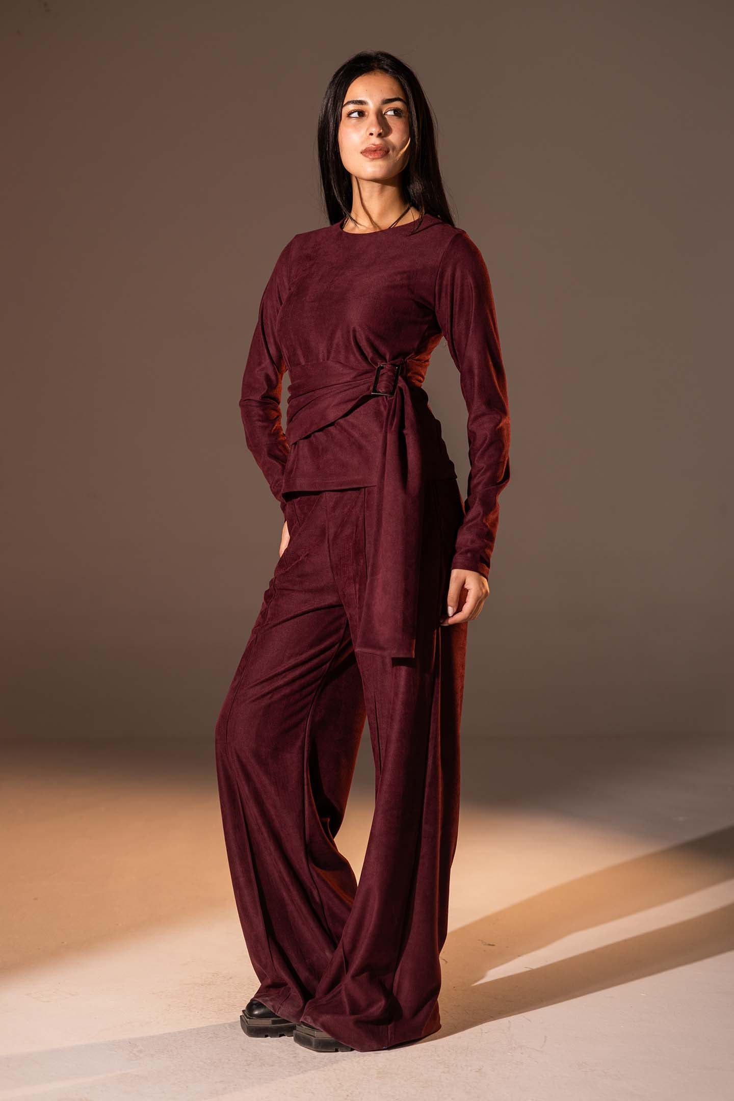 Burgundy Wide-Leg Textured Pants