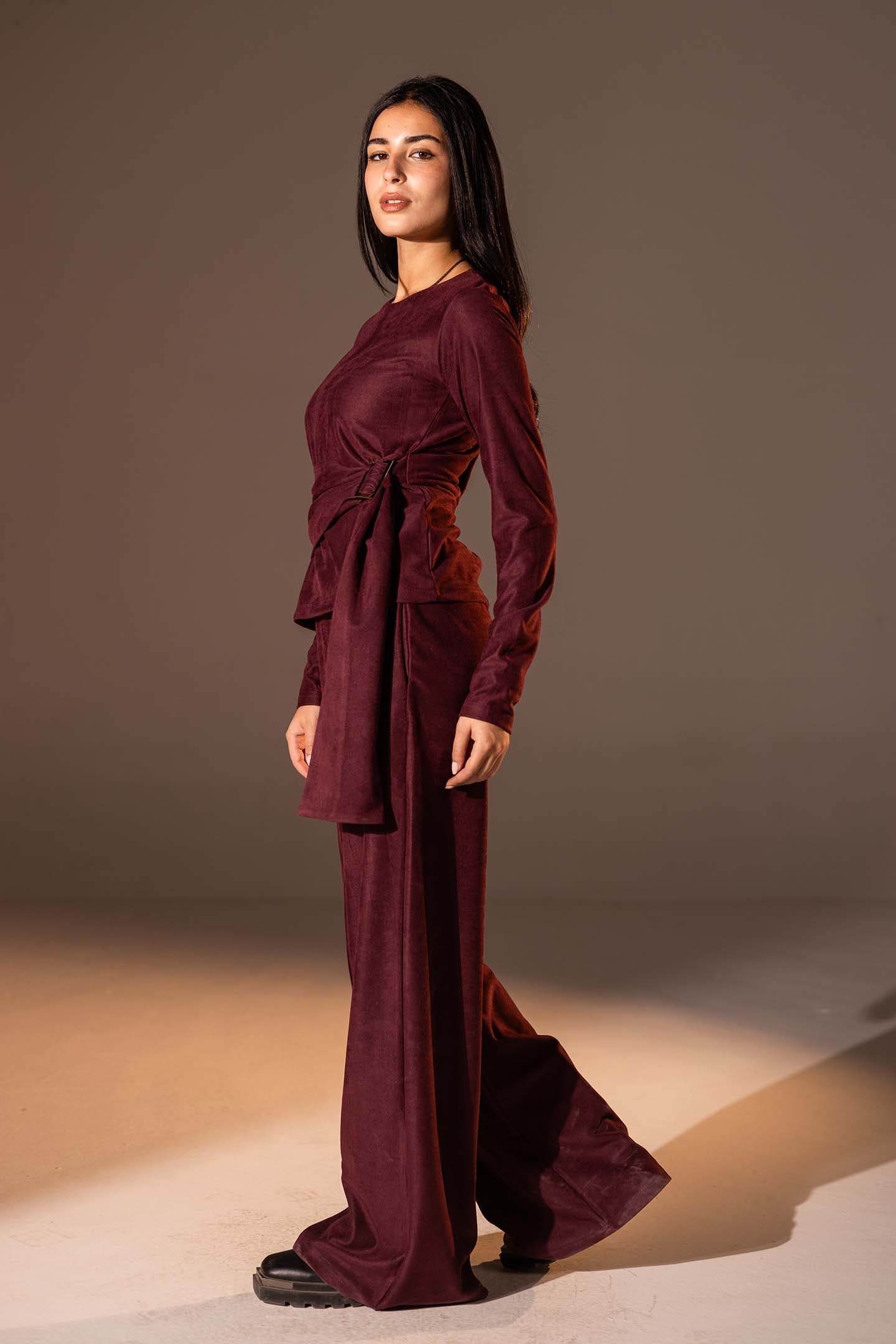 Burgundy Wide-Leg Textured Pants